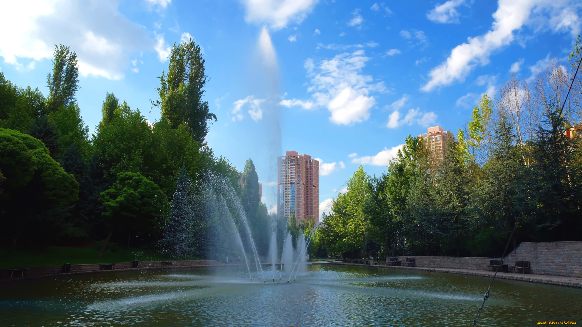 города, -, фонтаны, фонтан, небоскребы