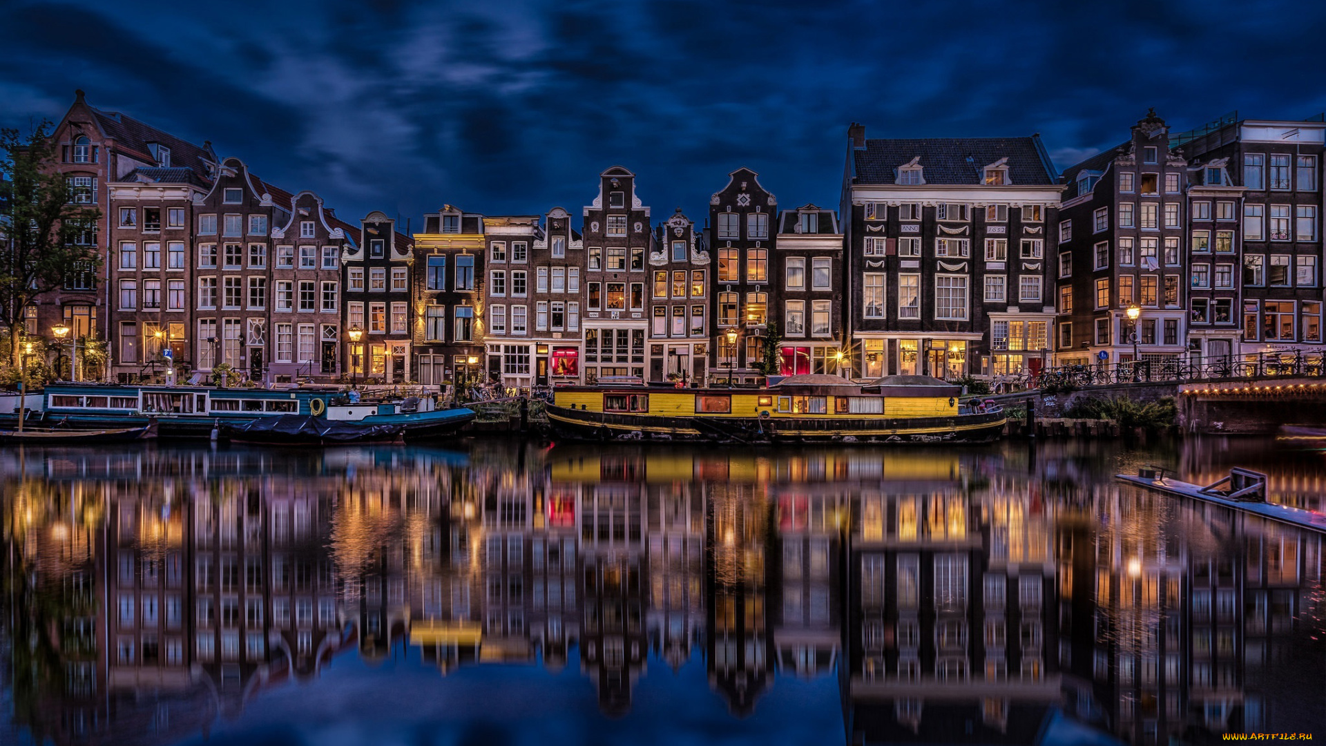 города, амстердам, , нидерланды, вечер, баржи, канал