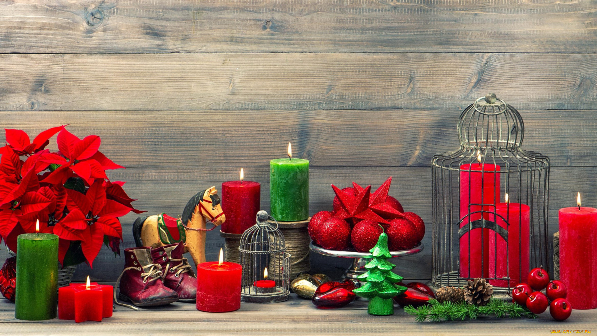 праздничные, новогодние, свечи, свечи, пуансеттия, шарики