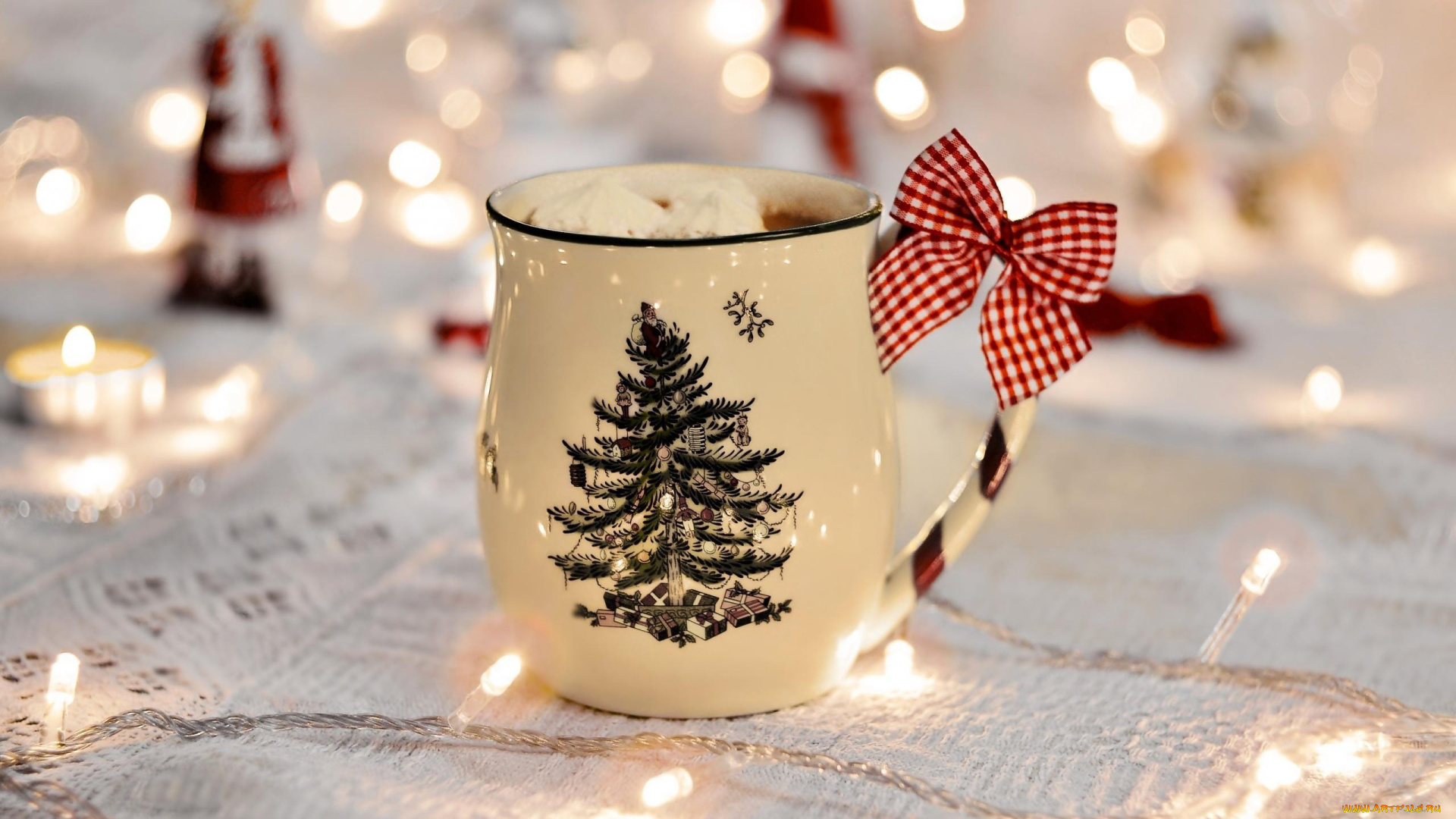 праздничные, угощения, елка, кружка, какао, бант