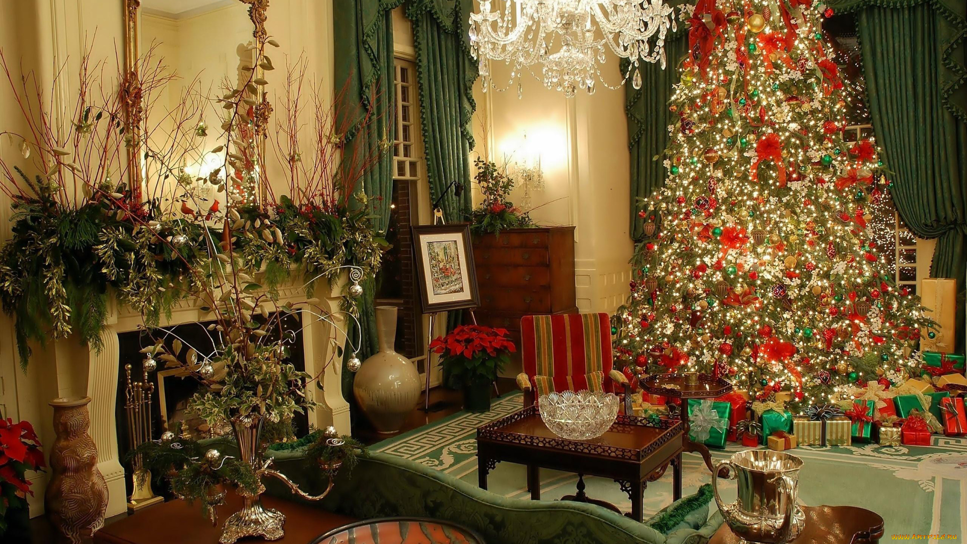 праздничные, Ёлки, люстра, елка, гостиная, камин