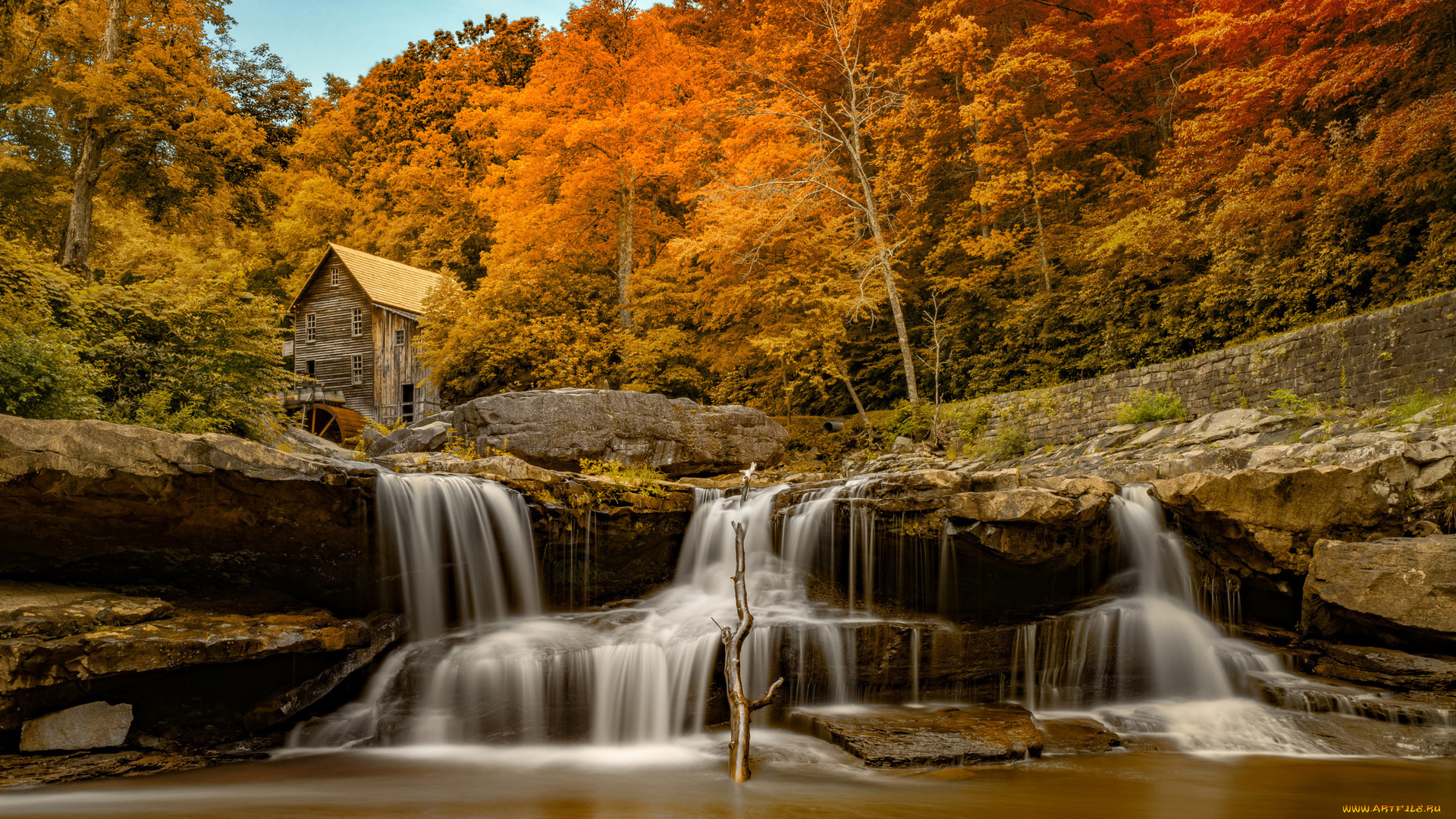природа, водопады, домик, осень, лес, водопад, поток
