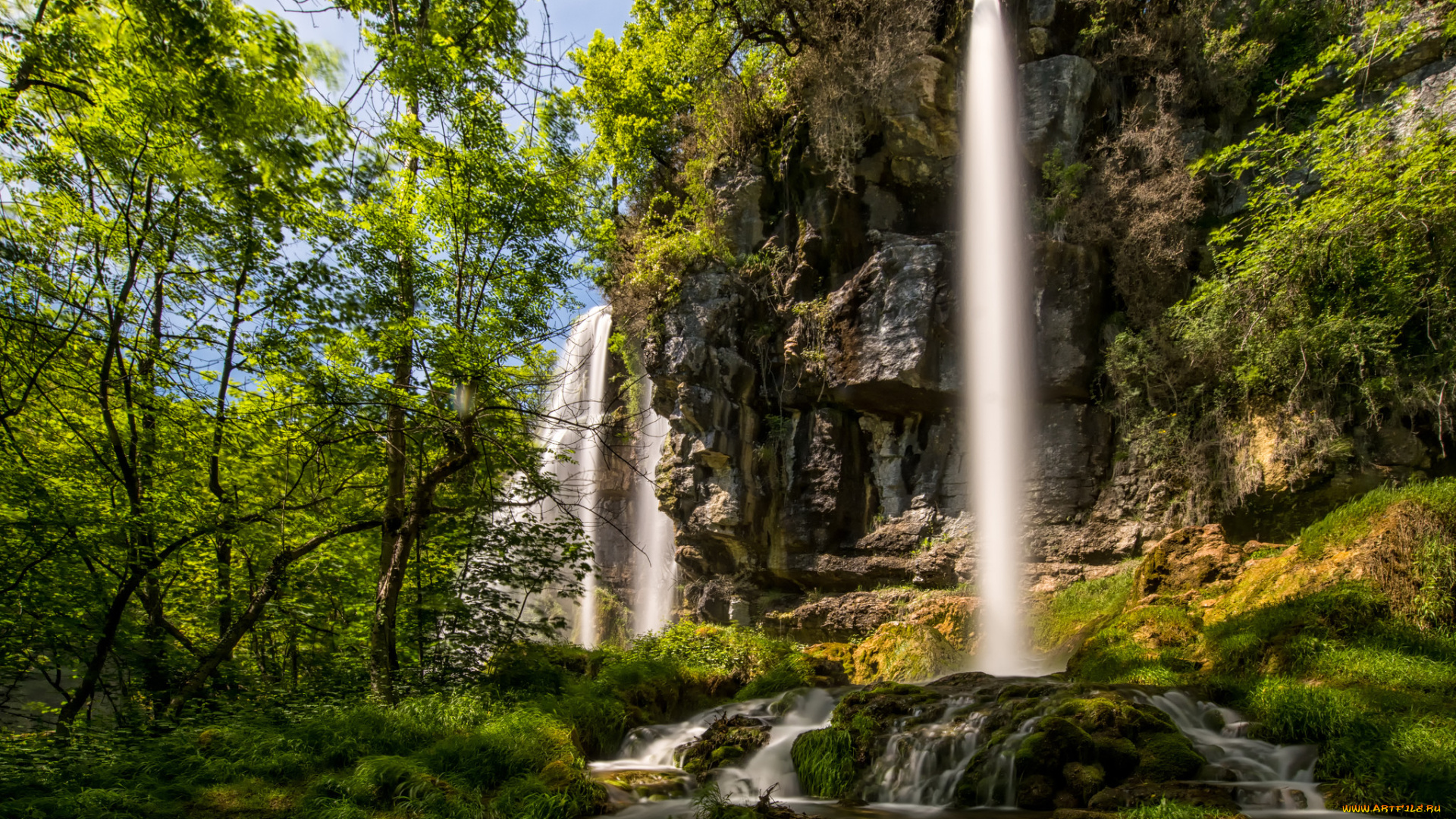 природа, водопады, лес, река, водопад