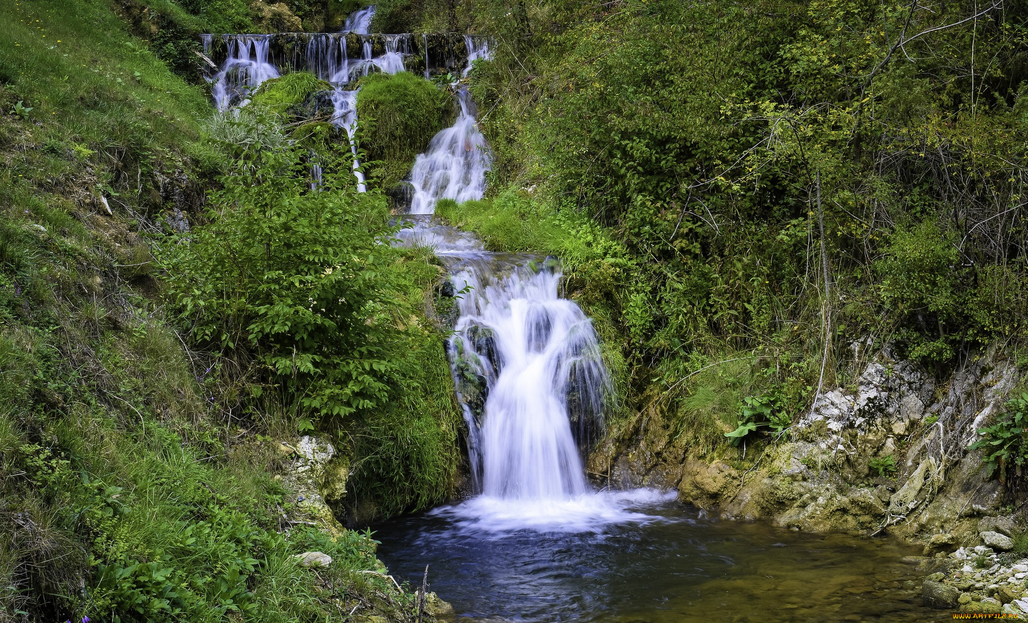 природа, водопады, лес, река, водопад