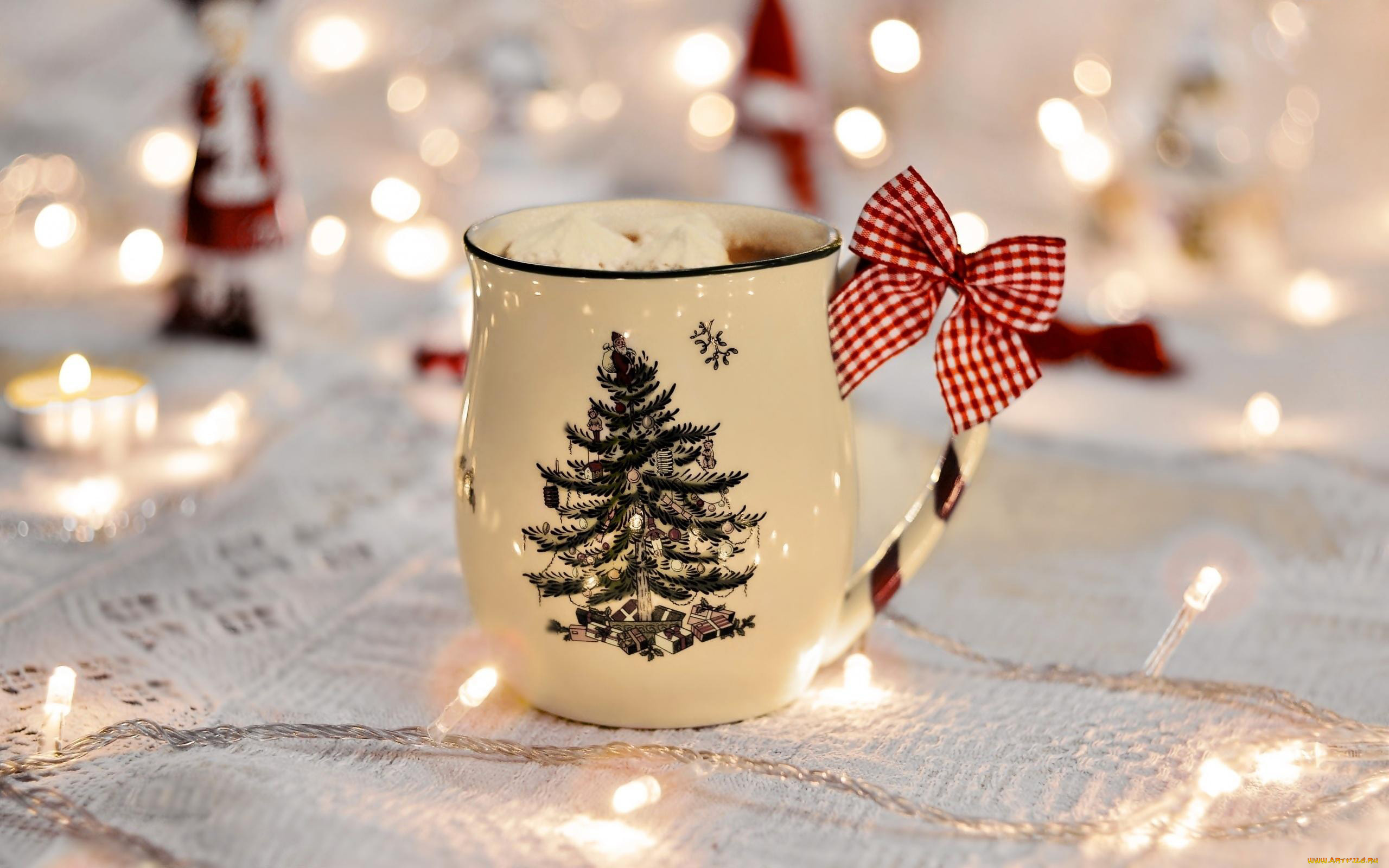 праздничные, угощения, елка, кружка, какао, бант
