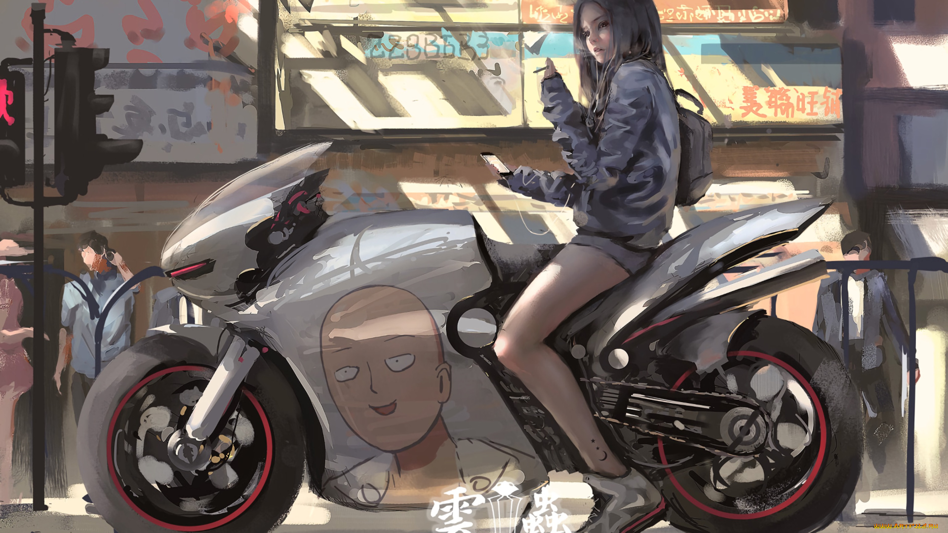 аниме, оружие, , техника, , технологии, улица, рюкзак, телефон, мотоцикл, девушка