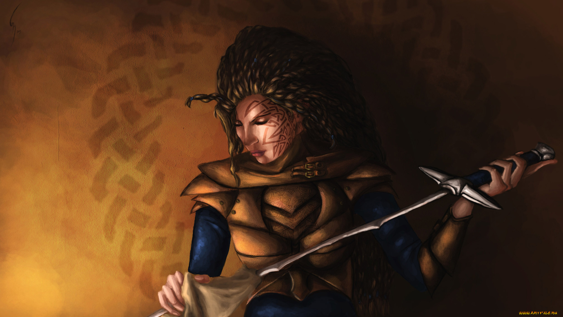 фэнтези, девушки, меч, тату, дреды, фон, девушка