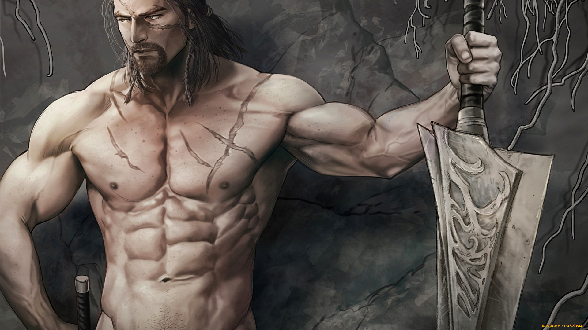 фэнтези, люди, меч, ремень, шрамы, мужчина