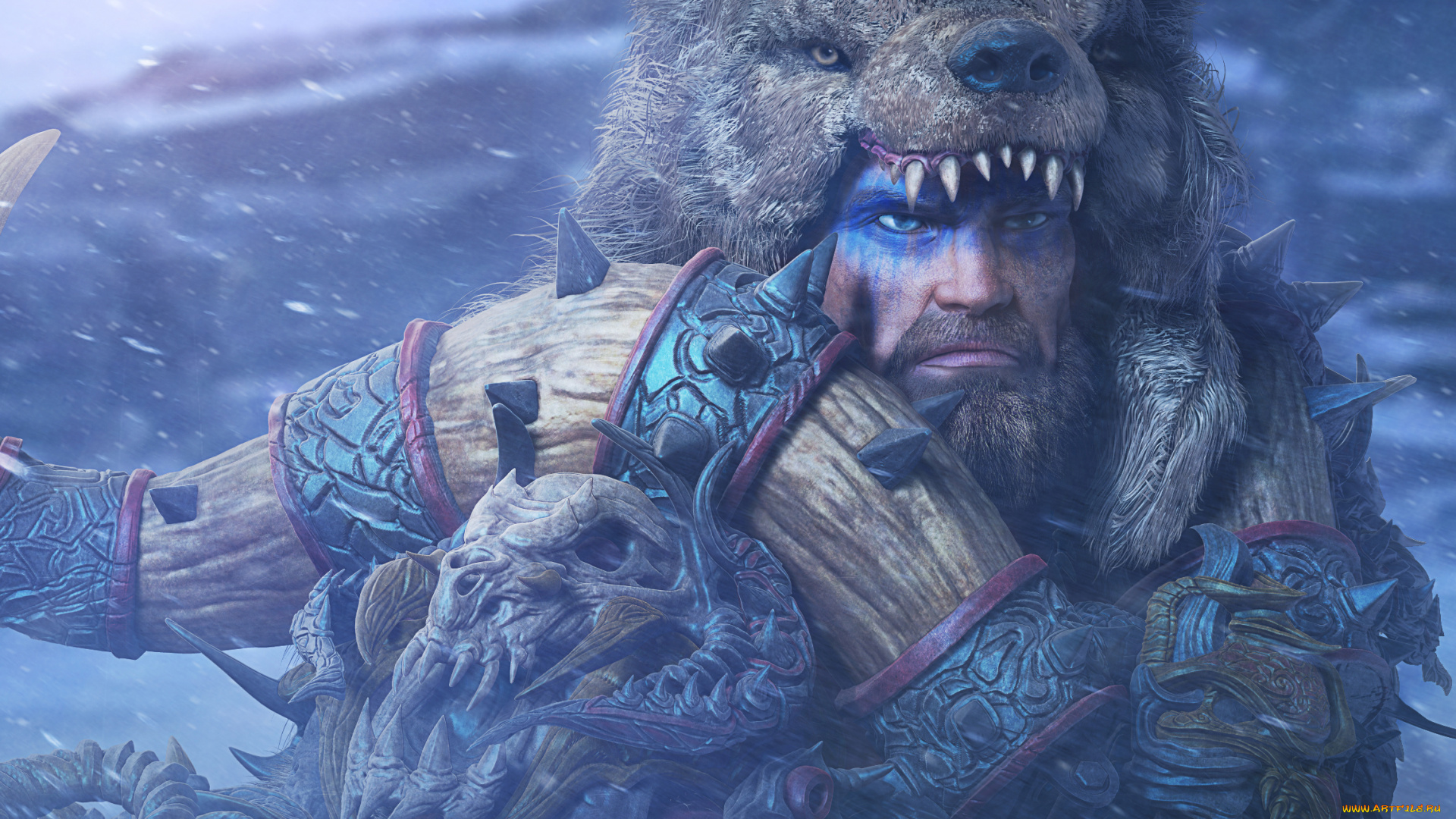 фэнтези, люди, медведь, голова, взгляд, фон, рог, мужчина