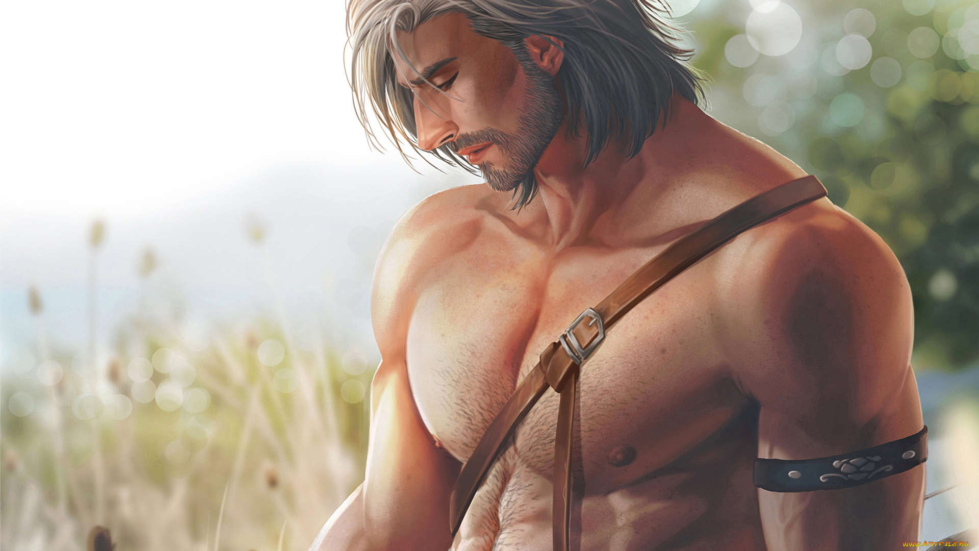 фэнтези, люди, поле, лучник, мужчина, ремни