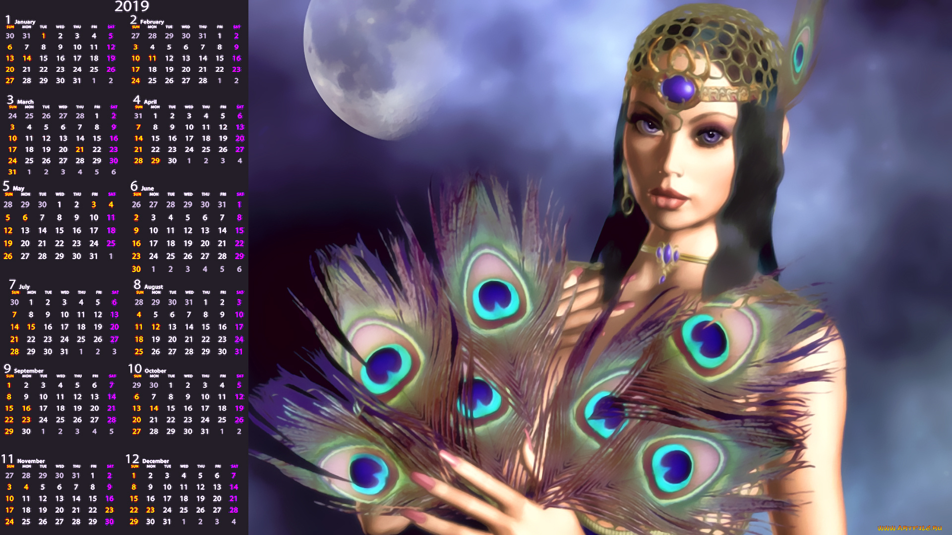 календари, фэнтези, луна, перо, лицо, девушка