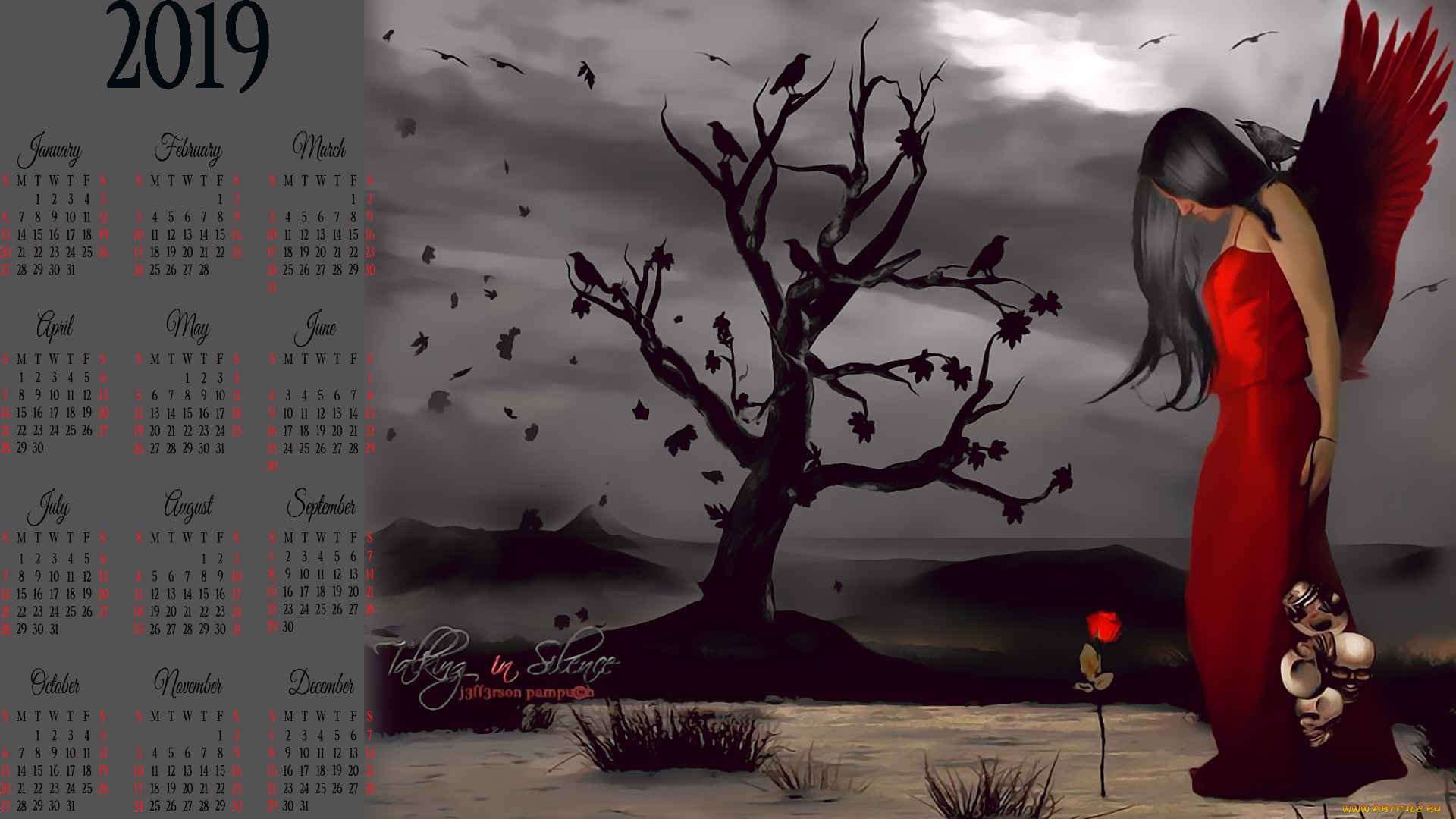 календари, фэнтези, птица, дерево, профиль, девушка, крылья
