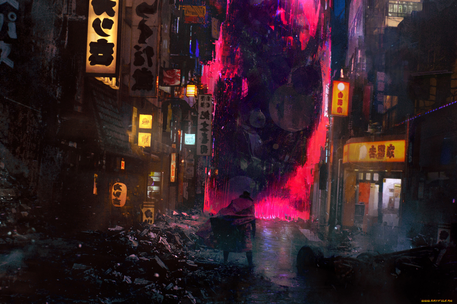 фэнтези, магия, человек, развалины, дома, огни, улица