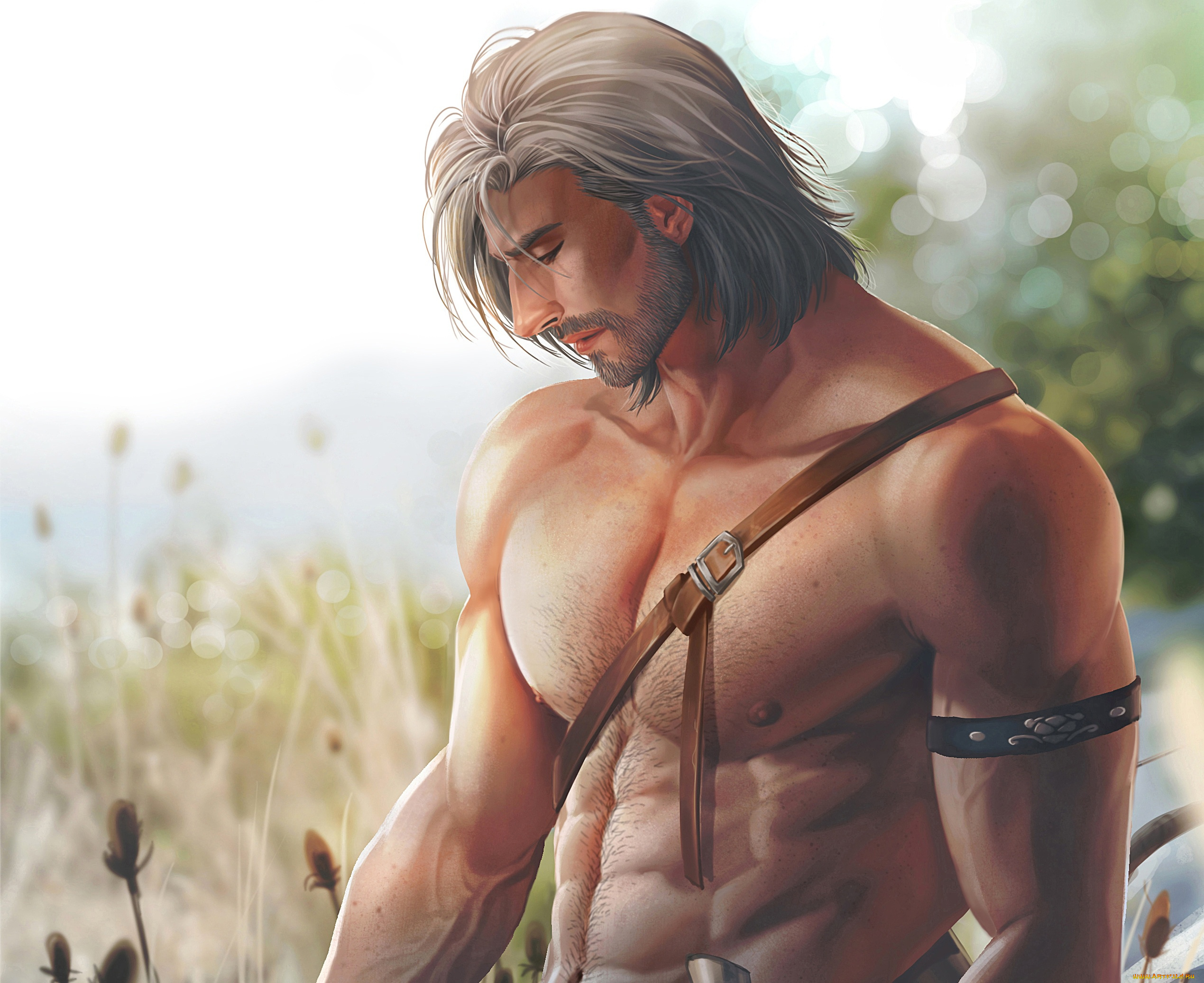 фэнтези, люди, поле, лучник, мужчина, ремни