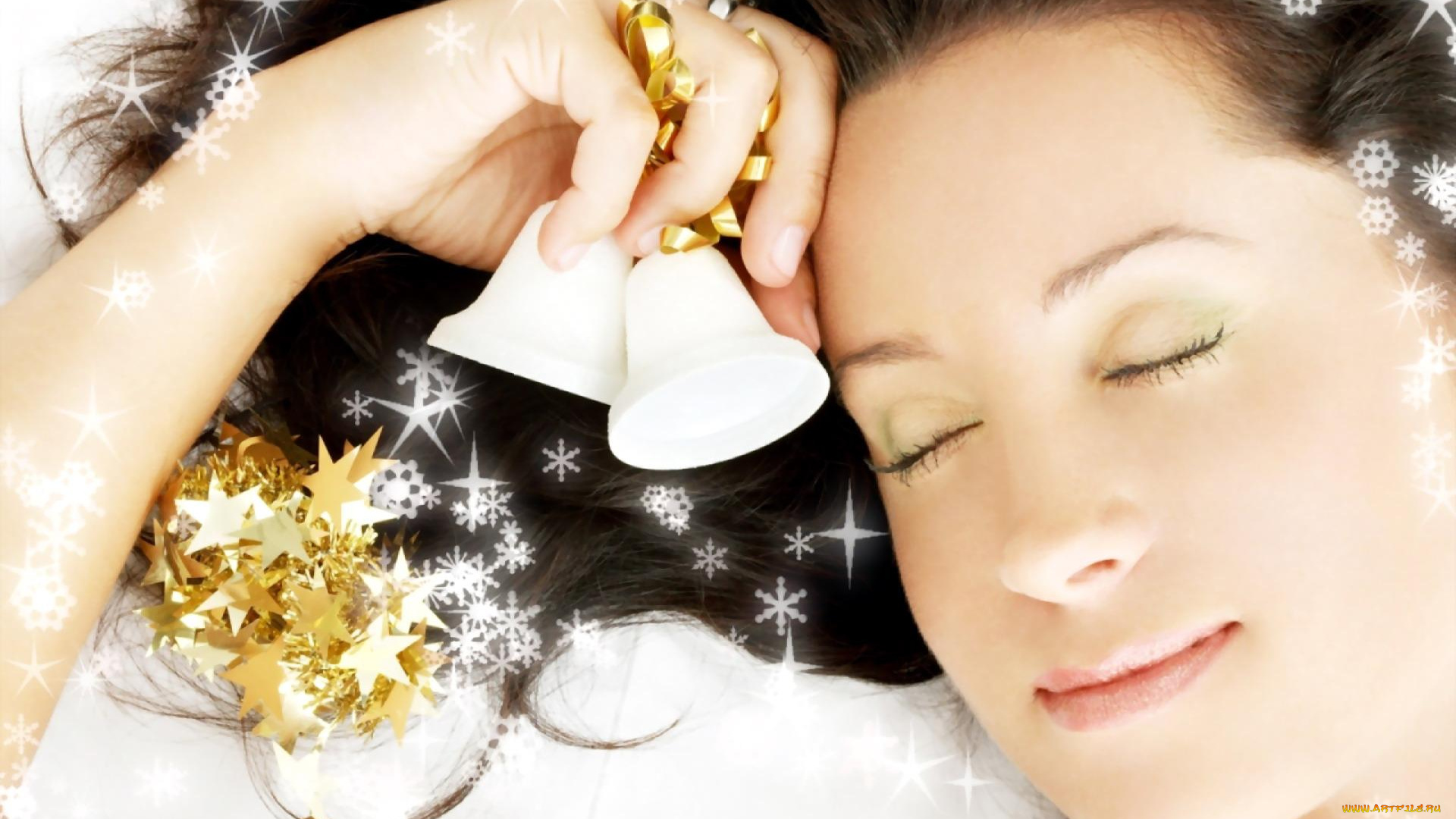 девушки, -, лица, , портреты, брюнетка, лицо, колокольчики, снежинки