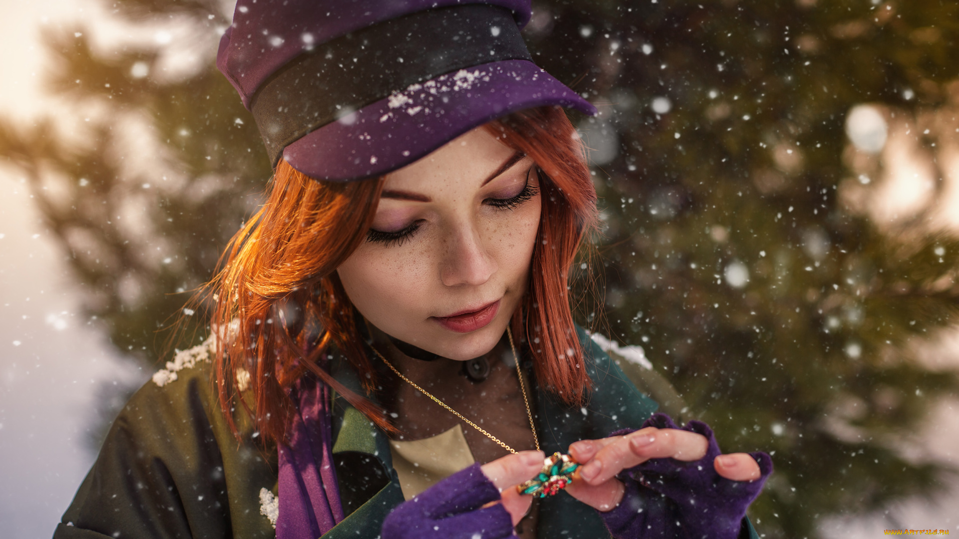 девушки, екатерина, семадени, анастасия, косплей, кепка, рыжая, кулон, перчатки, снег