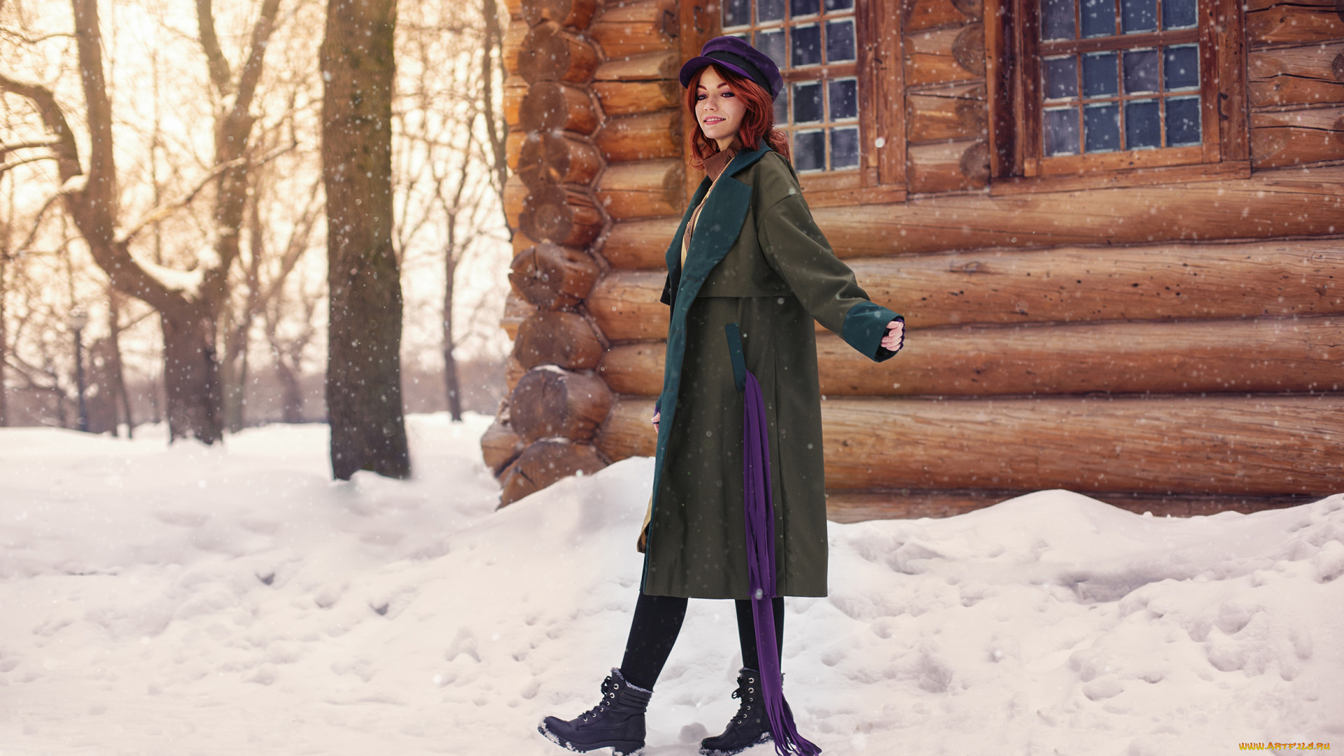девушки, екатерина, семадени, анастасия, косплей, кепка, рыжая, пальто, шарф, снег, изба