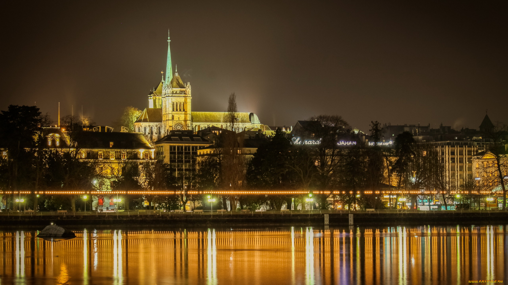 города, женева, , швейцария, река, вечер, огни