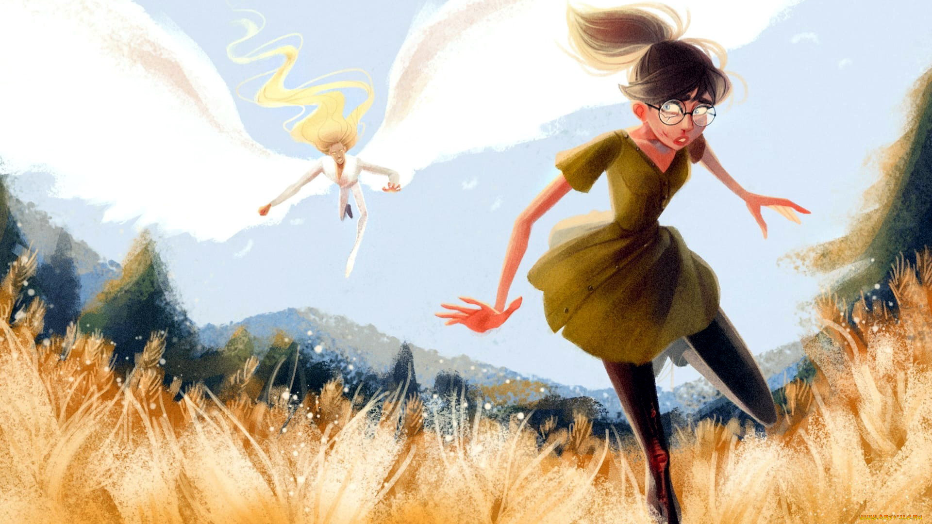 фэнтези, ангелы, девушка, поле, ангел, погоня