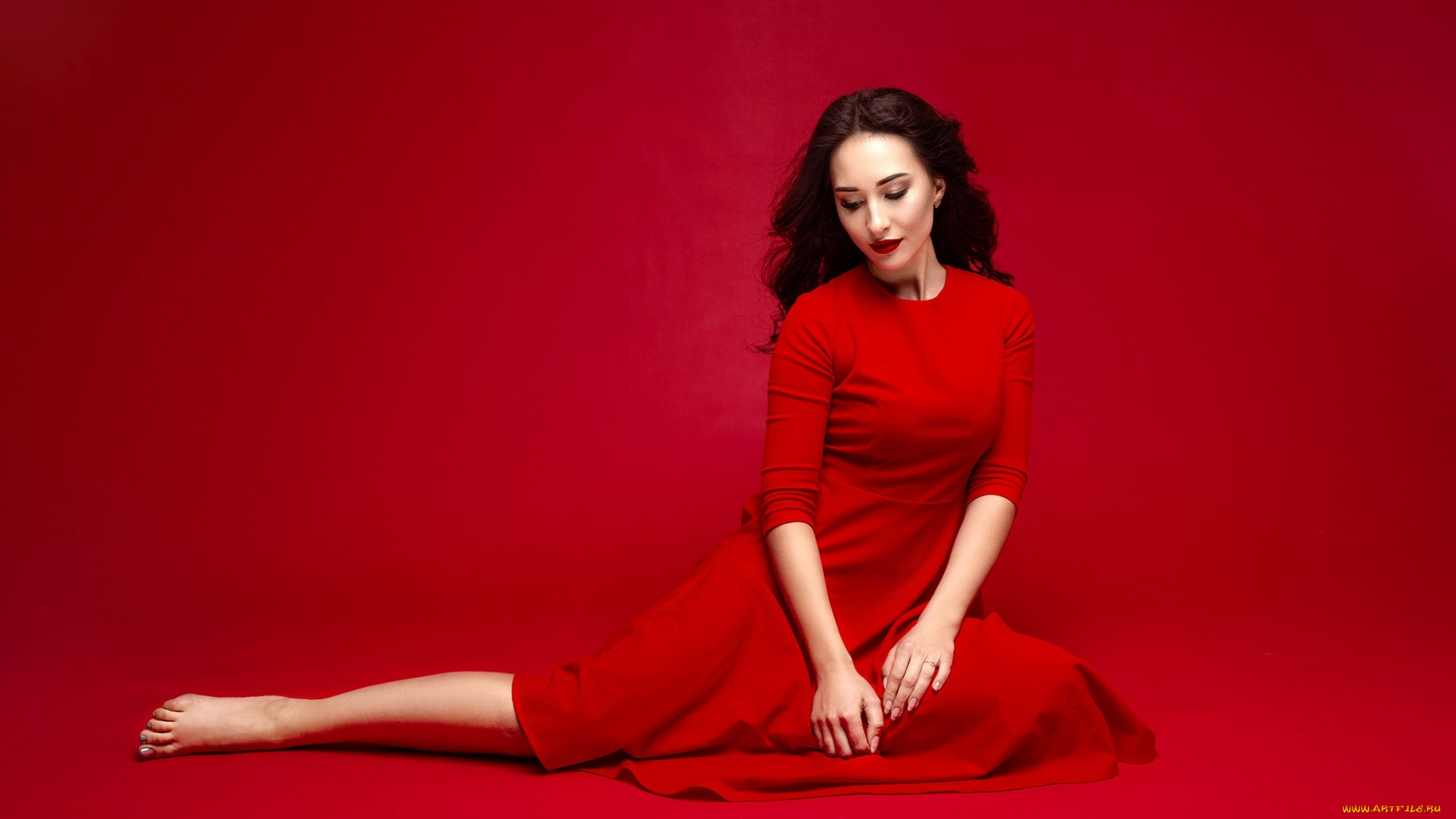 девушки, -, брюнетки, , шатенки, брюнетка, поза, алое, платье