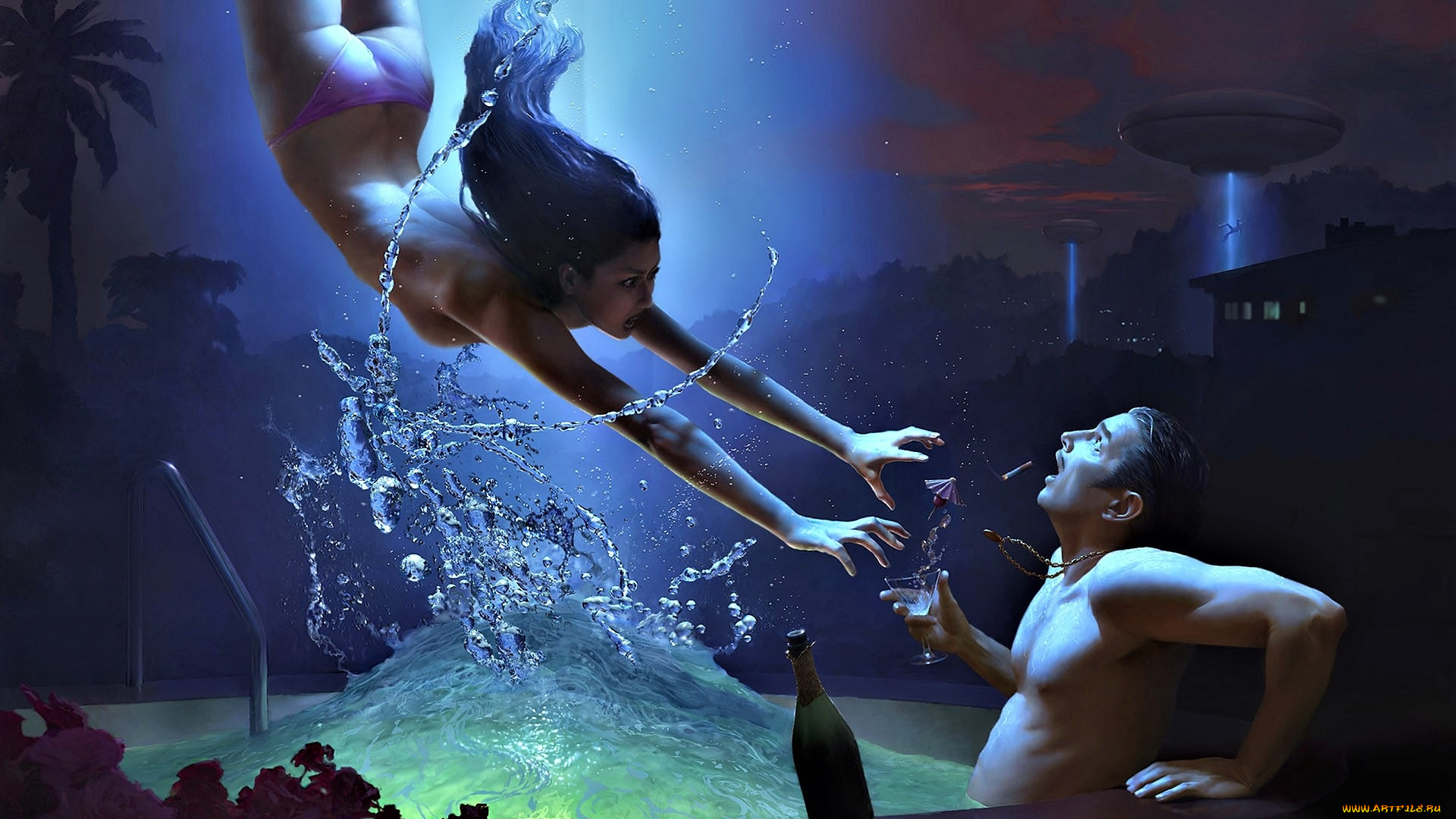 фэнтези, люди, девушка, мужчина, нло, похищение, бассейн