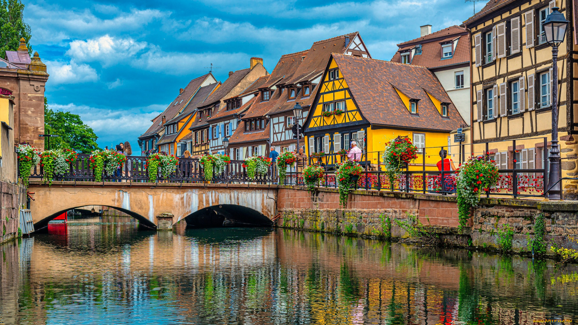 города, кольмар, , франция, канал, мостик, дома, цветы