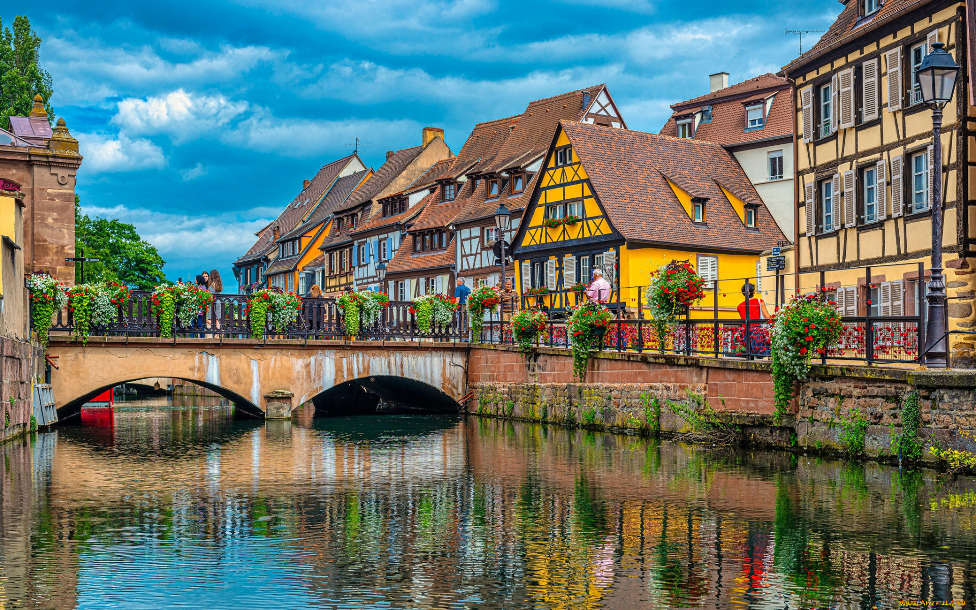 города, кольмар, , франция, канал, мостик, дома, цветы