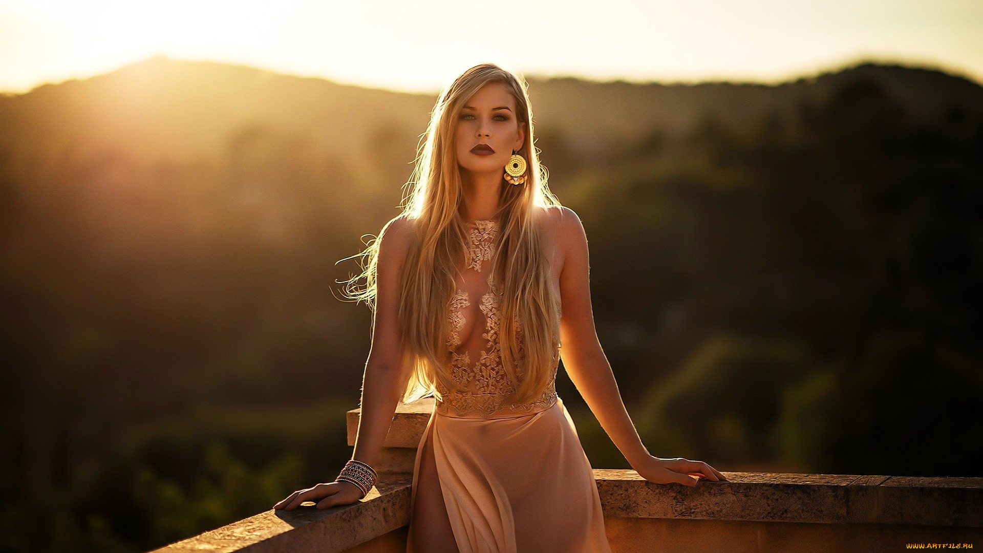 девушки, -, блондинки, , светловолосые, блондинка, платье, балкон, горы