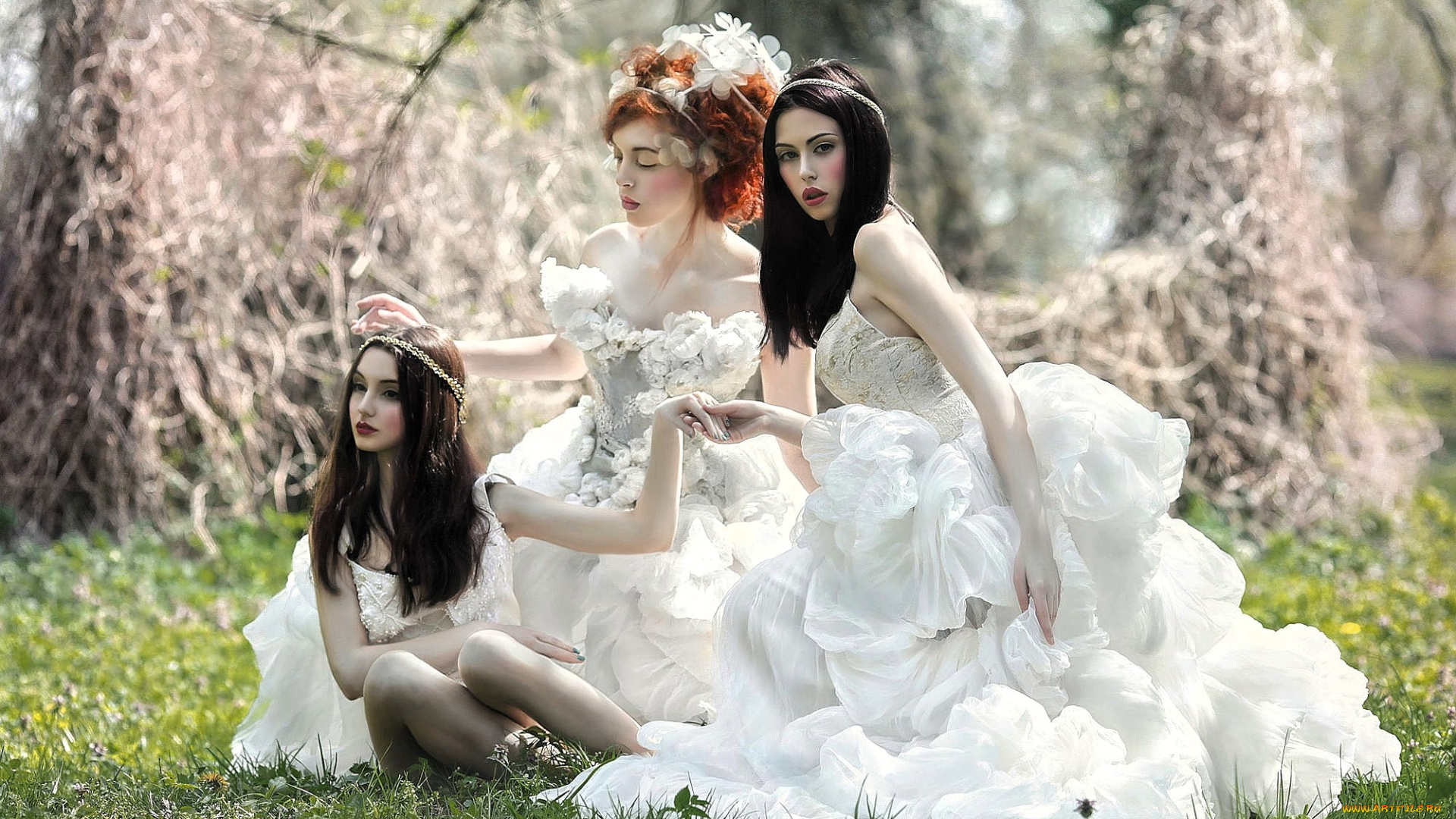 девушки, -, креатив, , косплей, подруги, платья, лужайка, трава