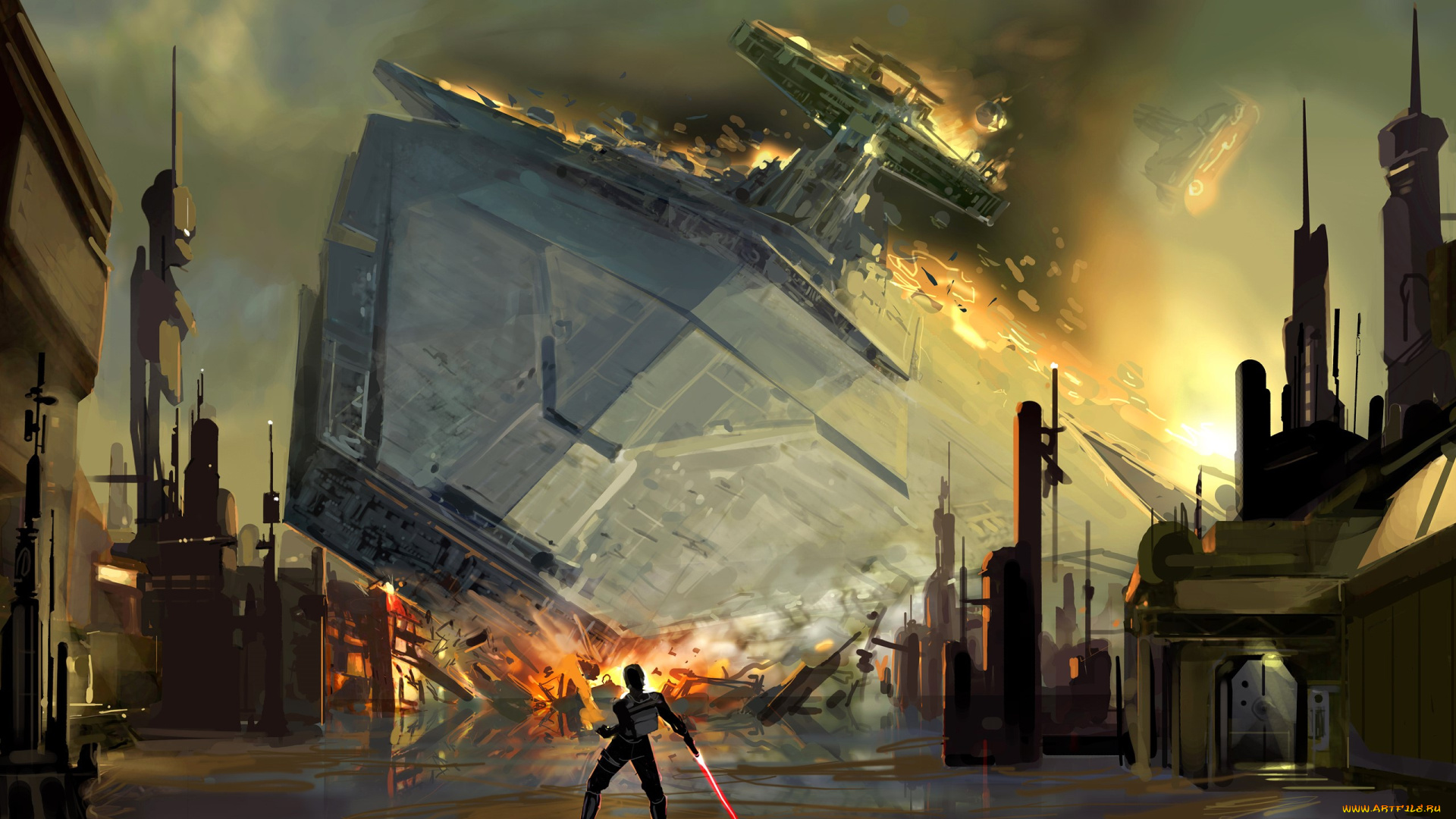 видео, игры, star, wars, , galaxies, человек, меч, город, космический, корабль, катастрофа