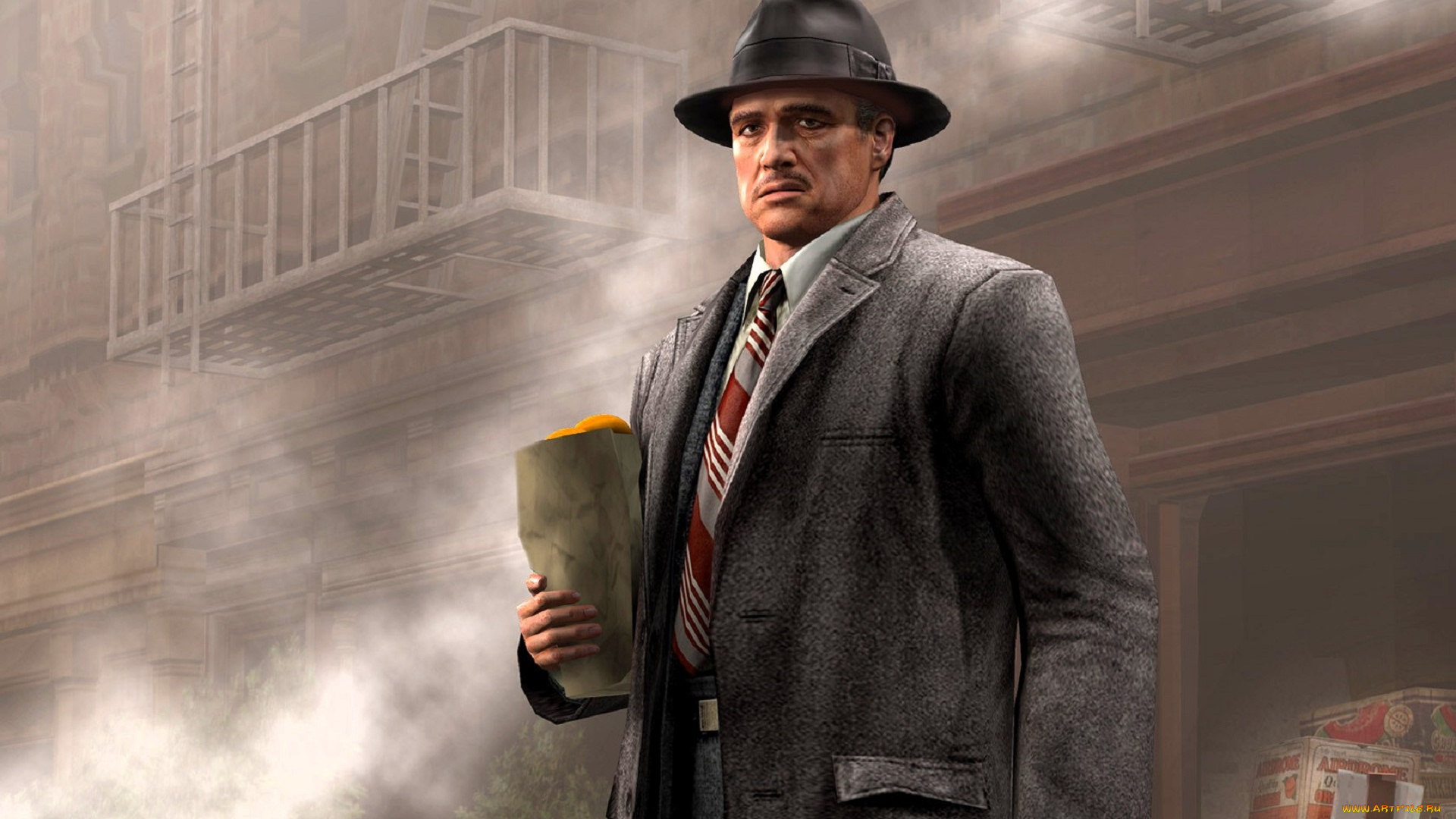 видео, игры, the, godfather, мужчина, пальто, шляпа, пакет, дом