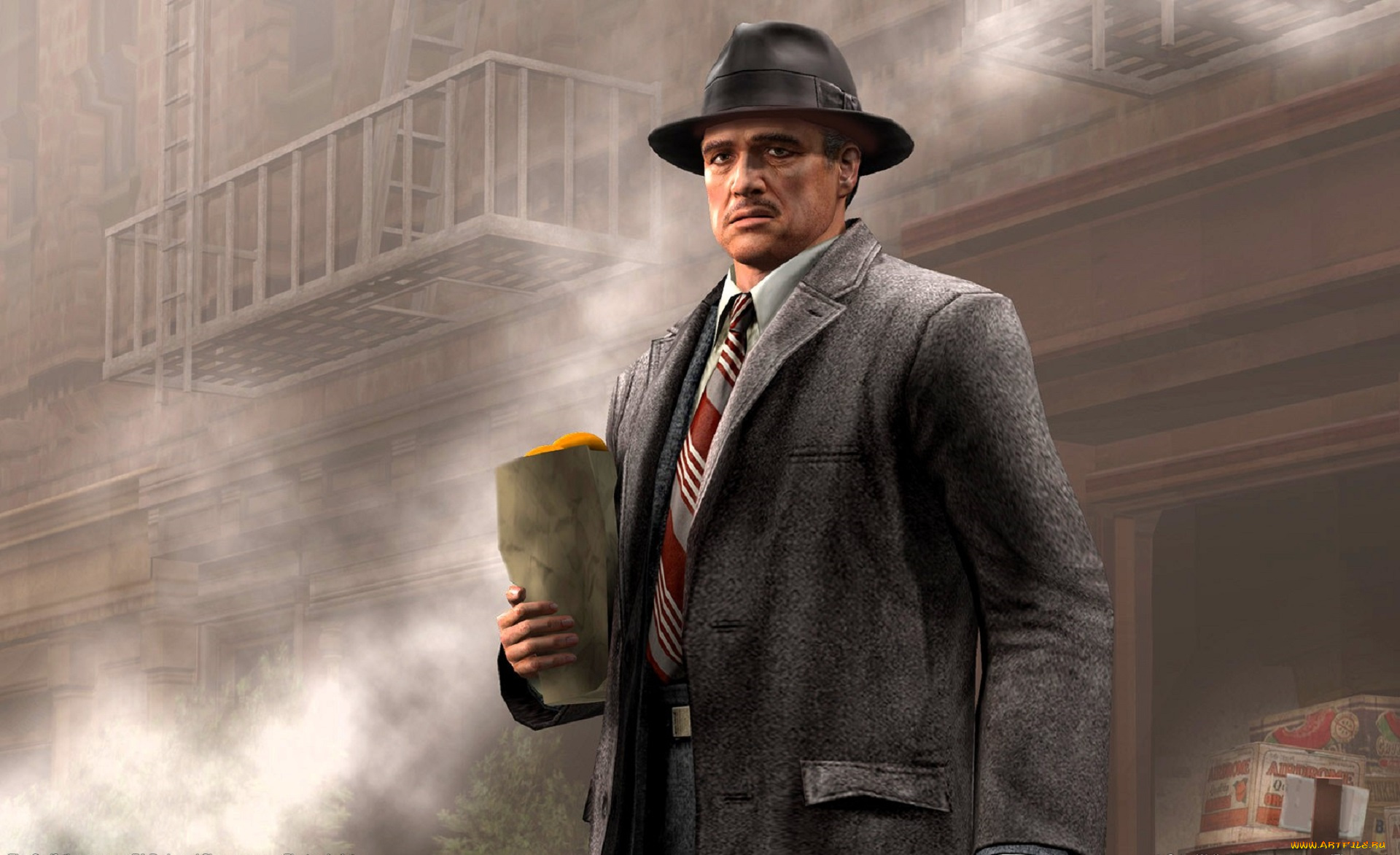 видео, игры, the, godfather, мужчина, пальто, шляпа, пакет, дом