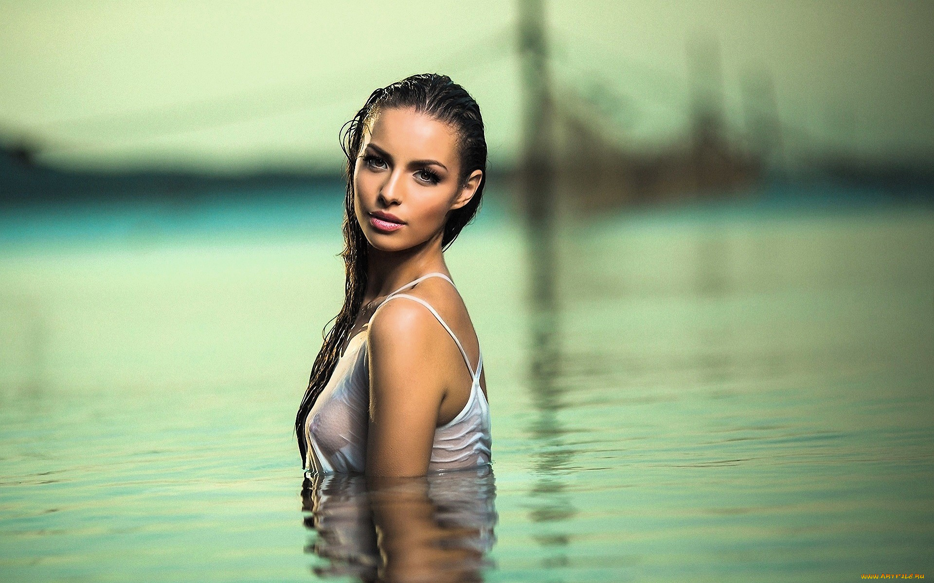 девушки, -, лица, , портреты, шатенка, платье, озеро, вода