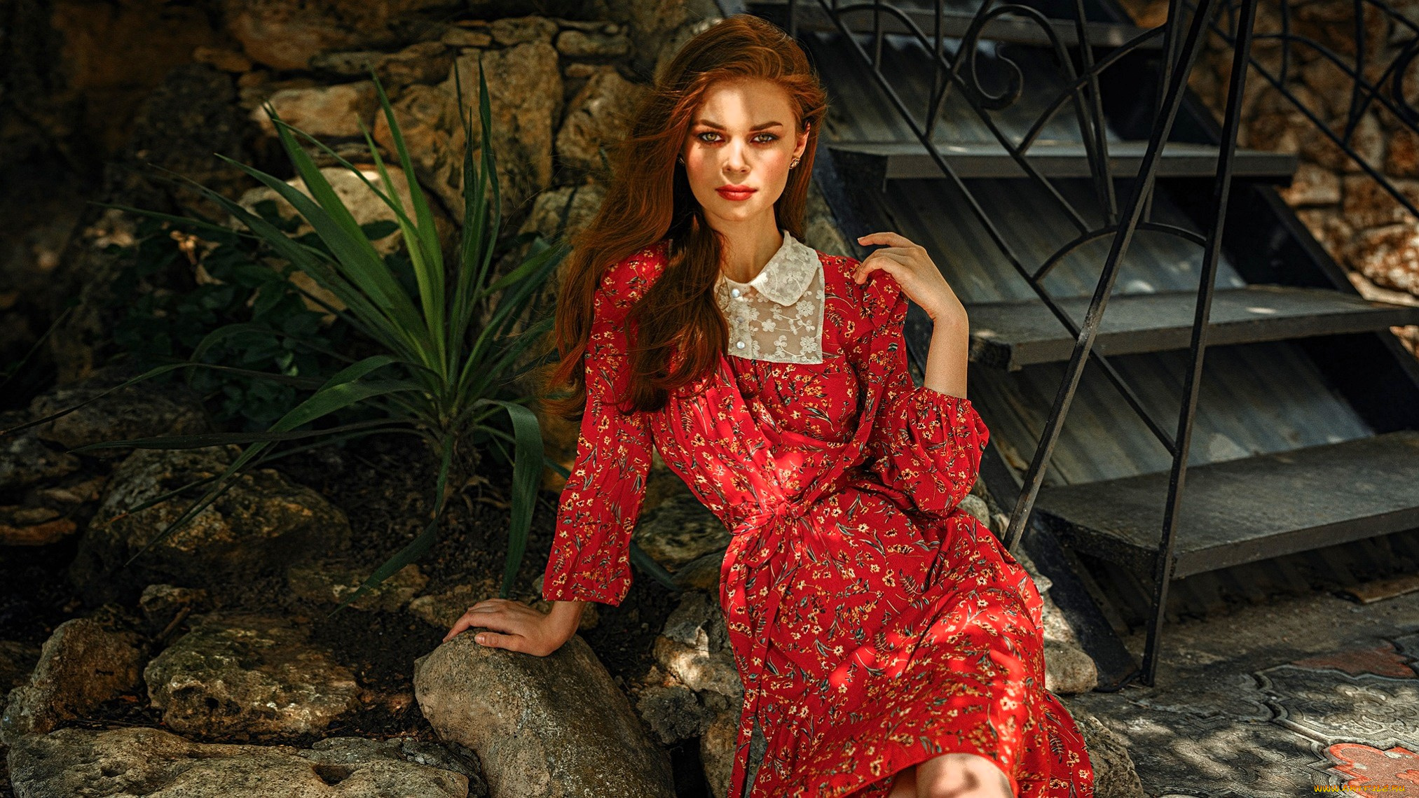 девушки, -, рыжеволосые, и, разноцветные, рыжая, платье, камни, лестница, растение