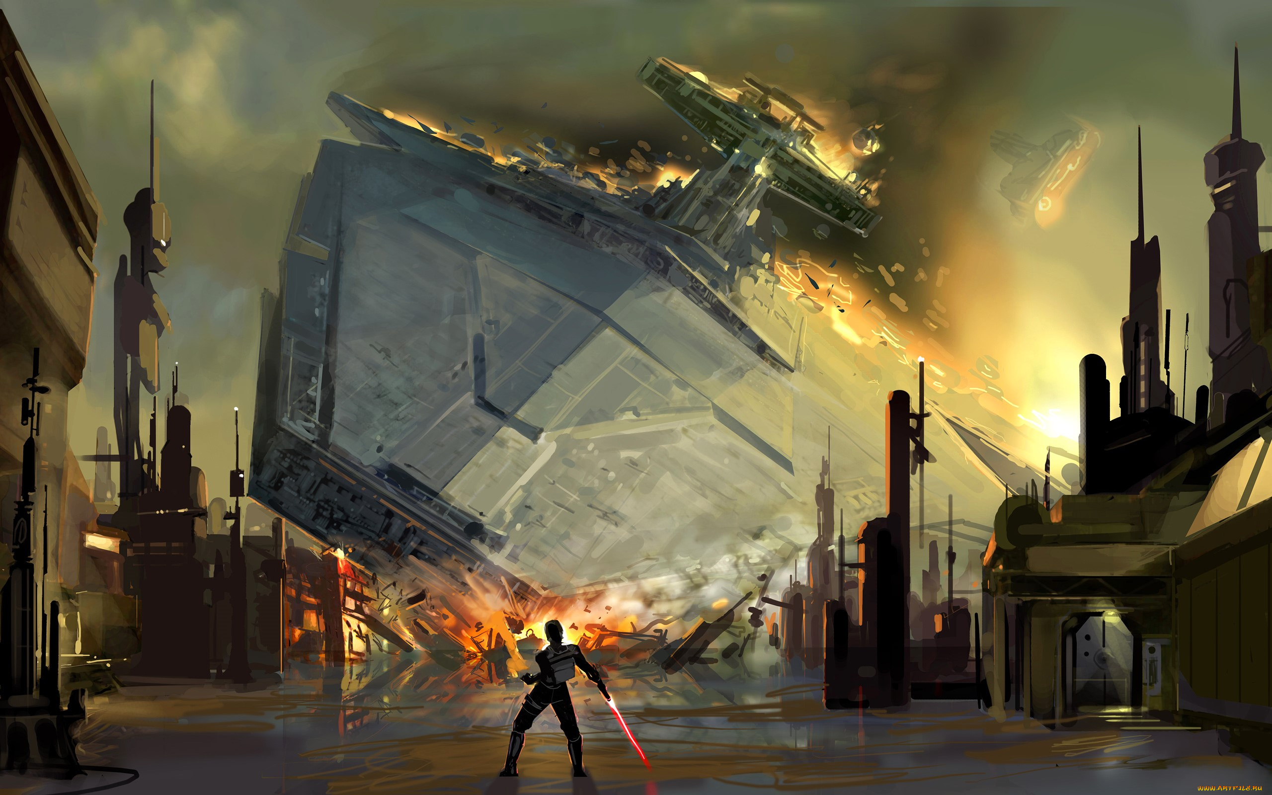 видео, игры, star, wars, , galaxies, человек, меч, город, космический, корабль, катастрофа