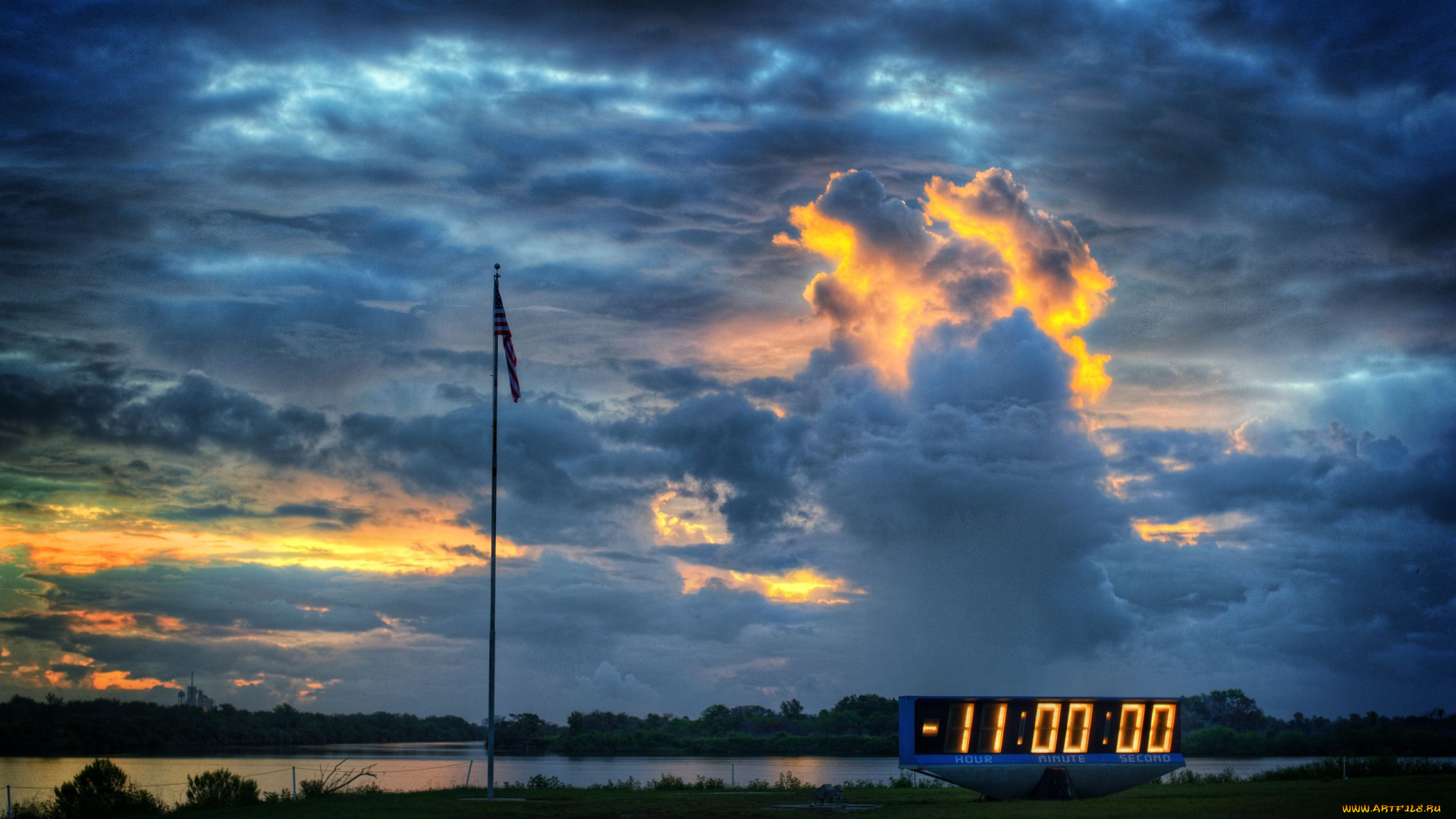 countdown, clock, разное, Часы, часовые, механизмы, часы, обратный, отсчёт, река, облака, флаг