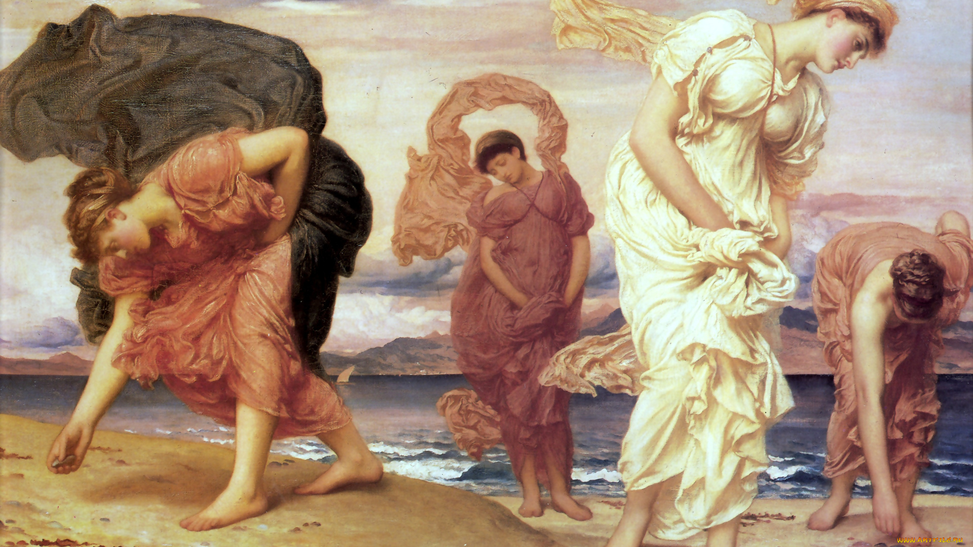 лорд, фредерик, лейтон, гречанки, собирающие, гальку, рисованные, frederick, leighton, хитоны, девушки