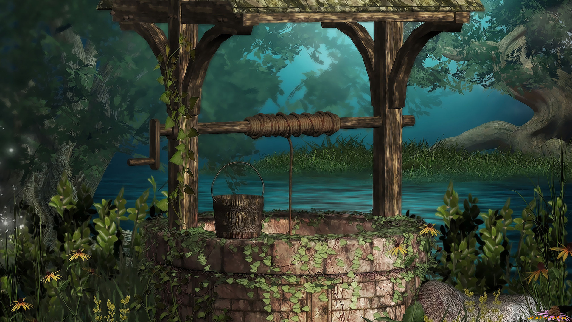 рисованные, природа, колодец