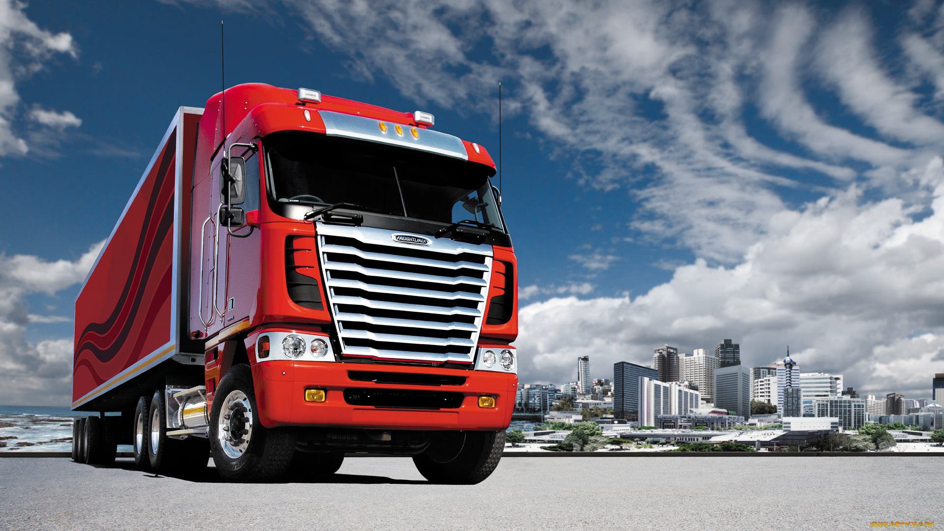 автомобили, freightliner, фрэд, красный, город