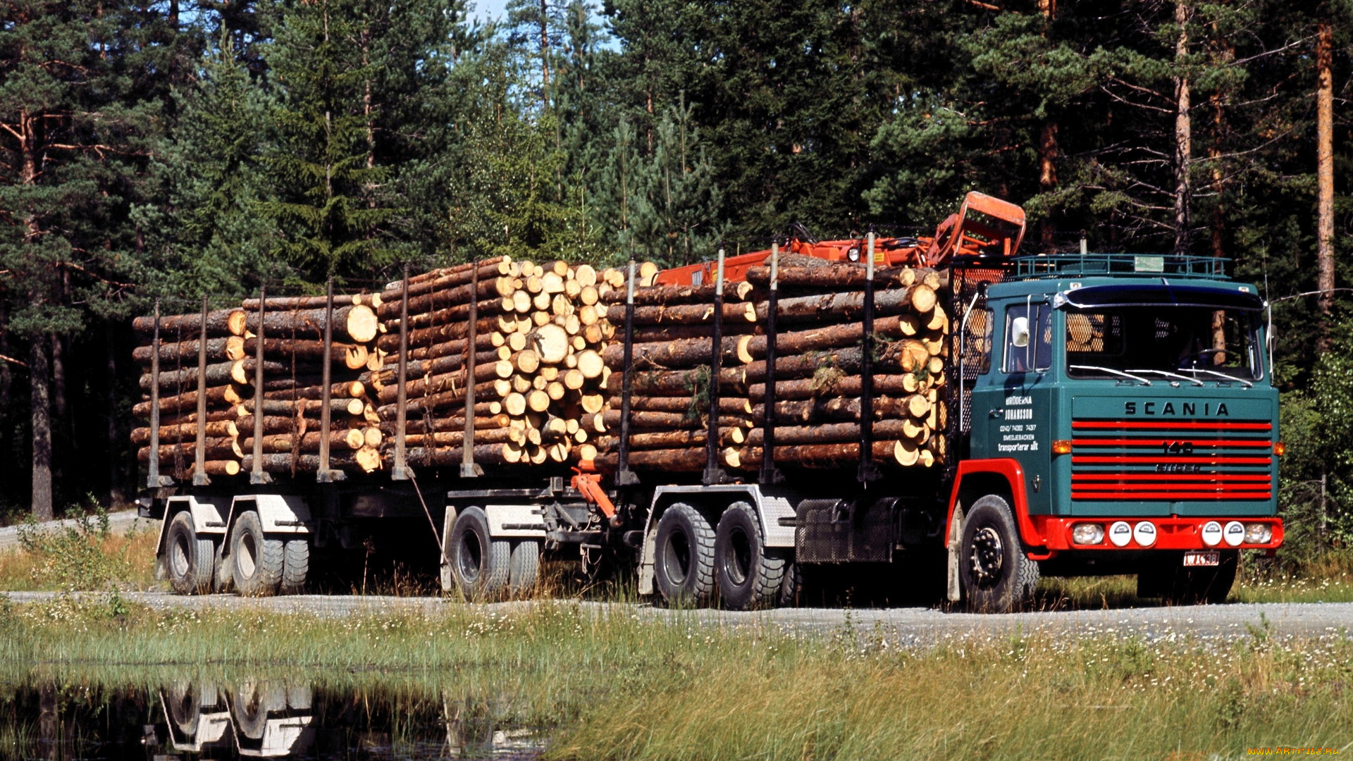 автомобили, scania, грузовик, лес, бревна, река, дорога