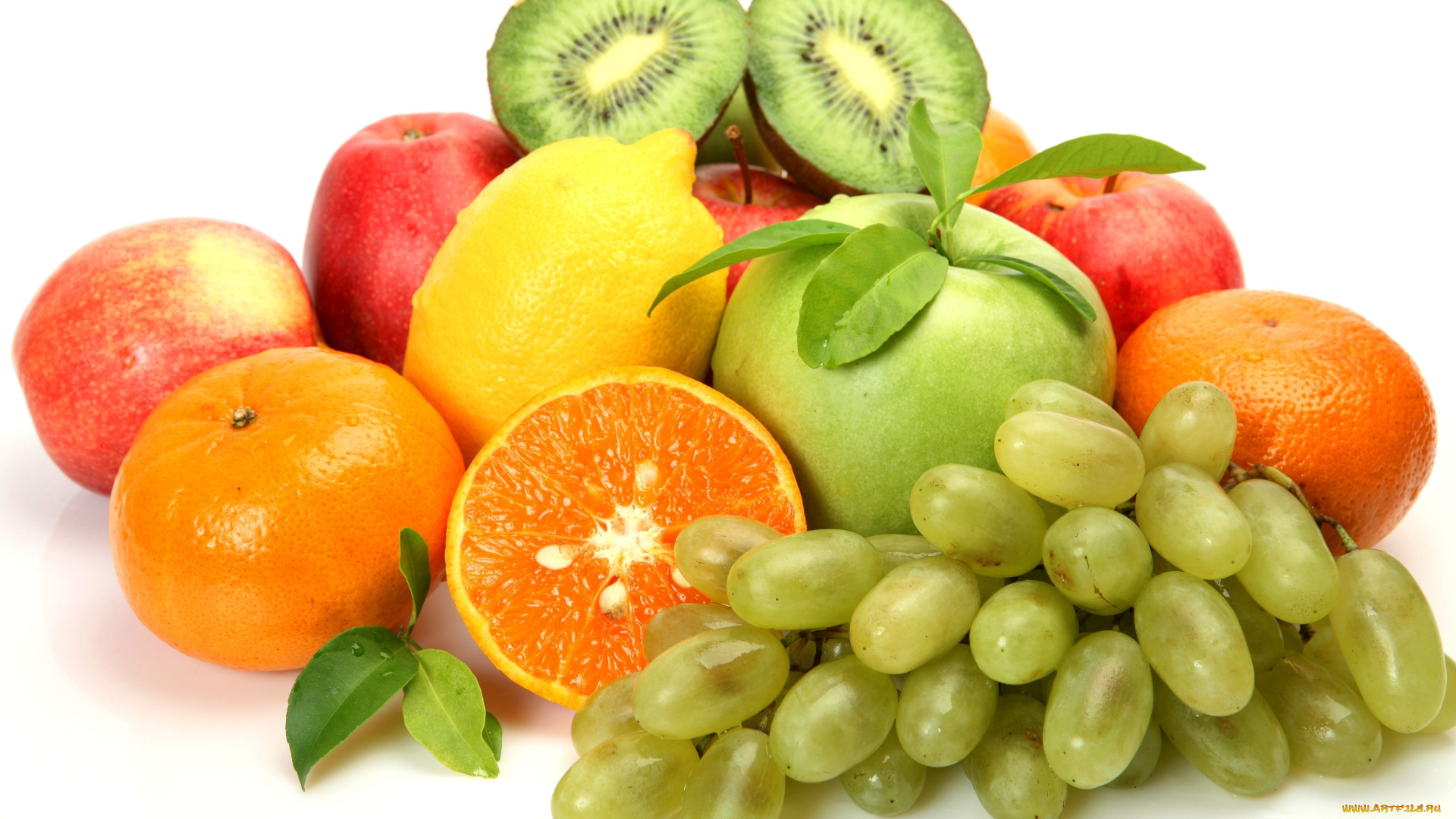 еда, фрукты, ягоды, яблоки, виноград, мандарины, лимон, киви