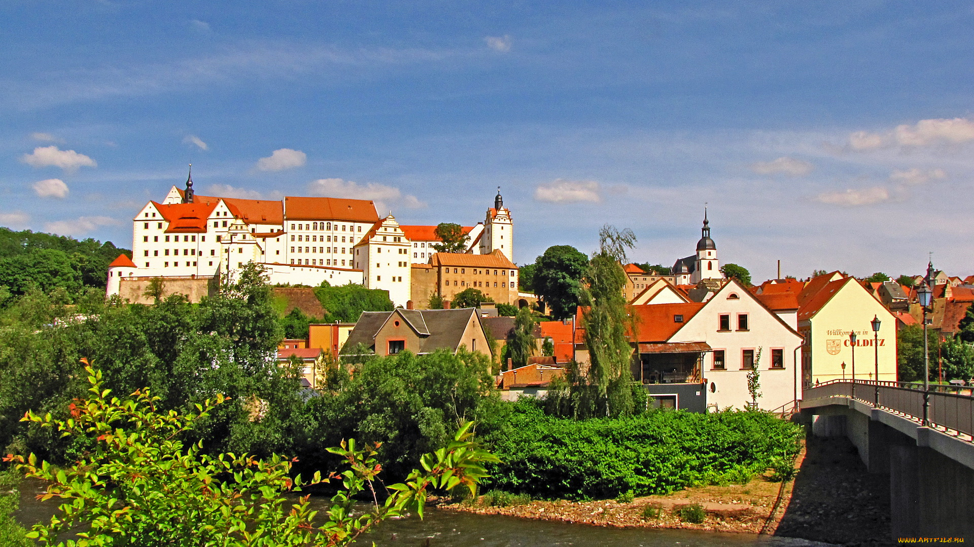 германия, кольдиц, города, улицы, площади, набережные, река, дома, мост