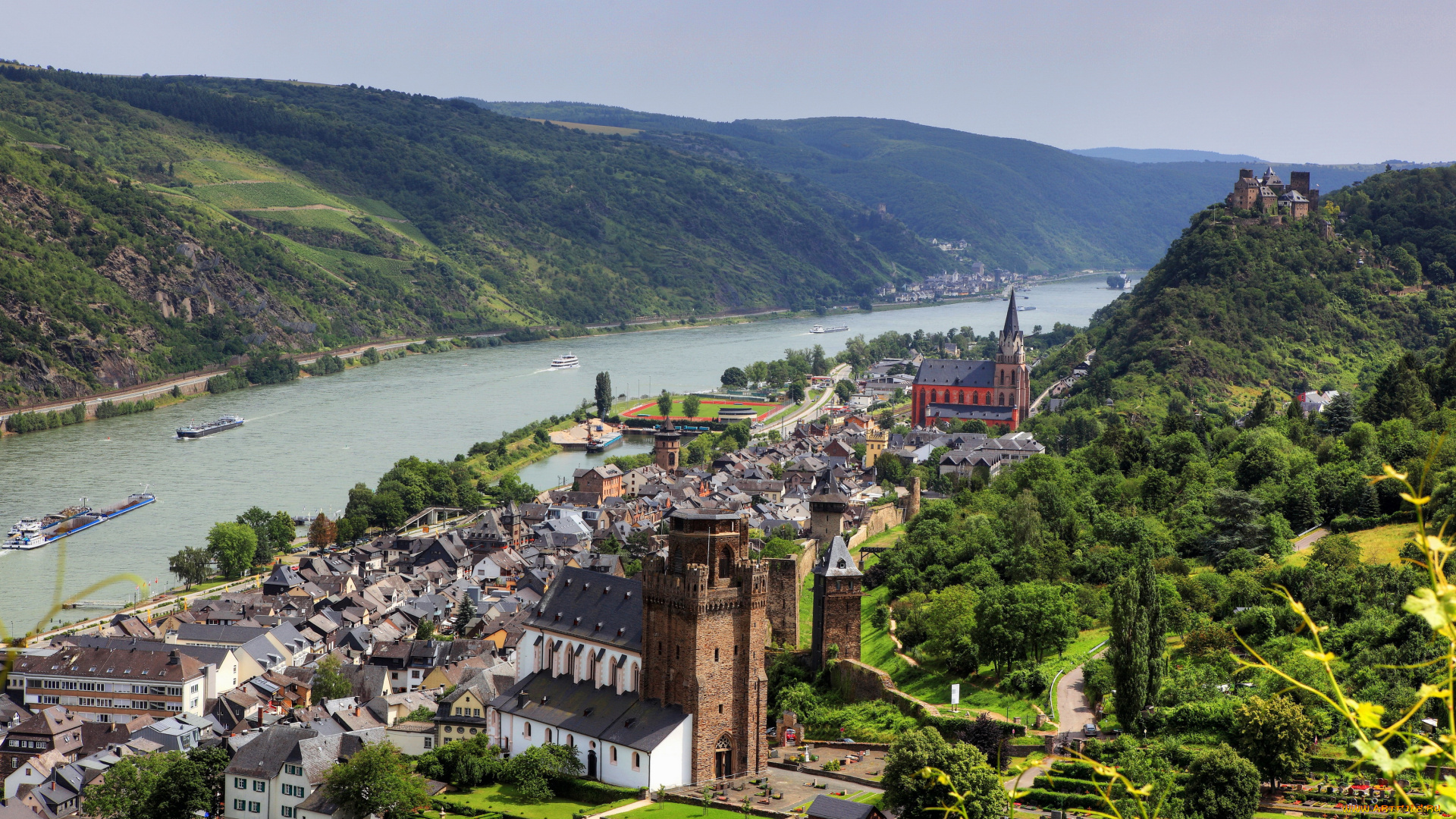 германия, обервезель, города, панорамы, река, дома, панорамма