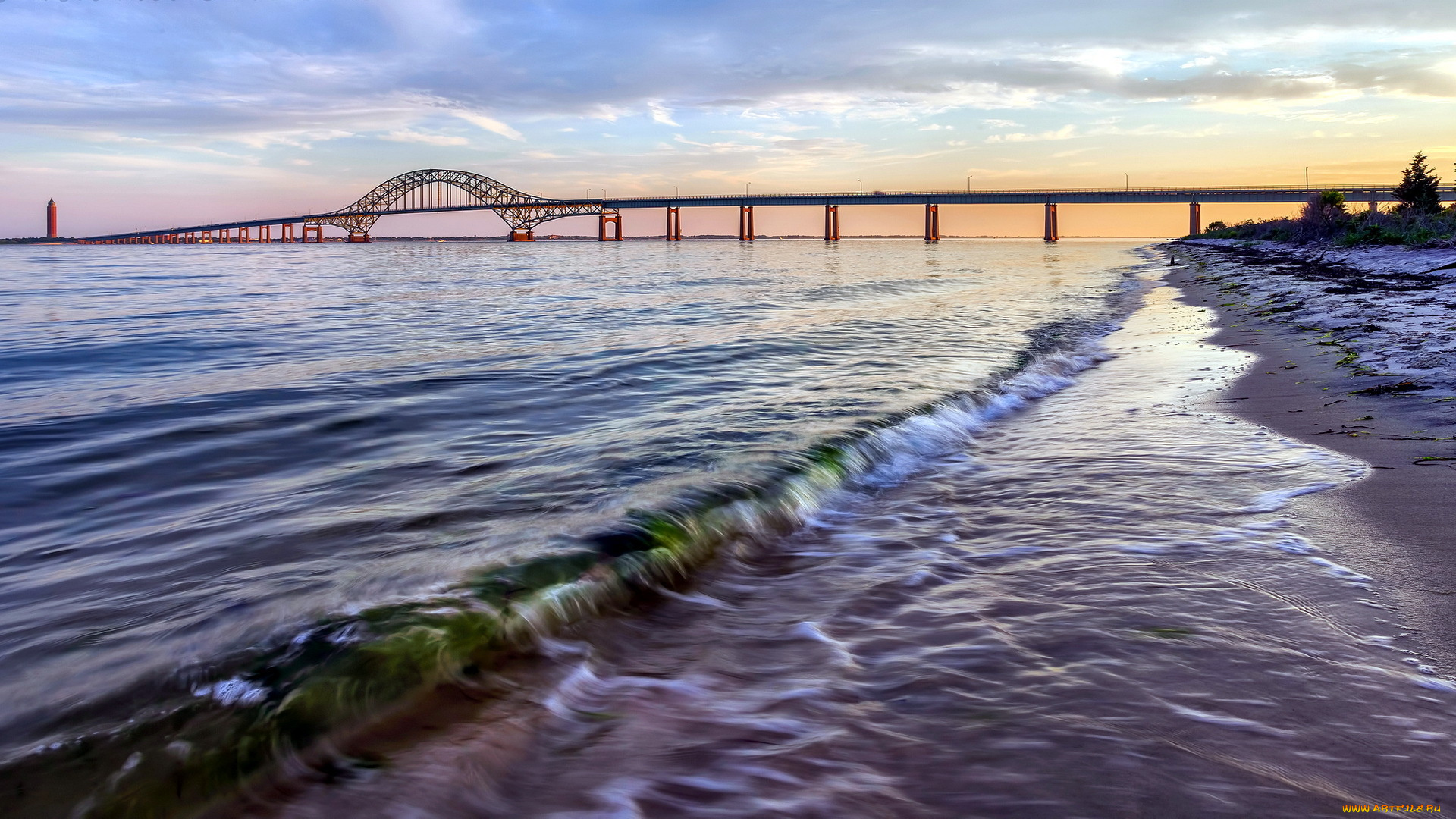 природа, побережье, мост, река