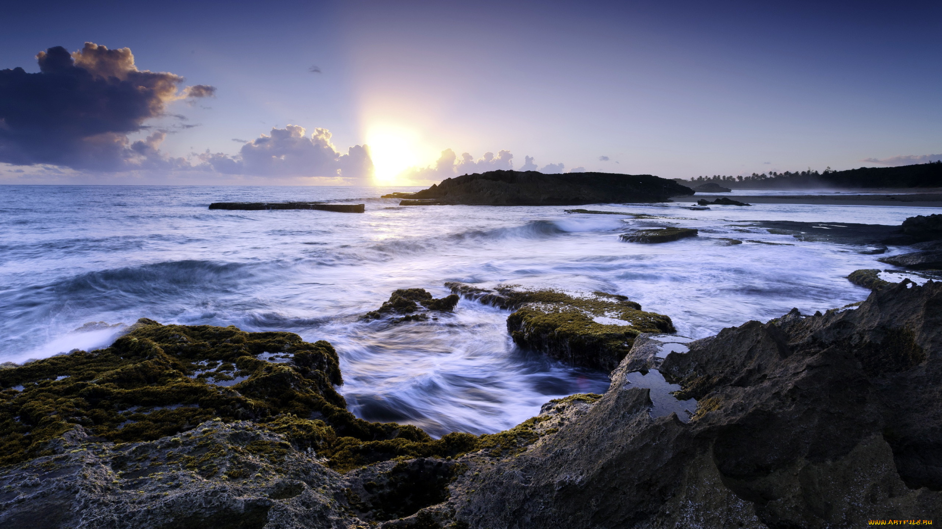 природа, побережье, восход, скалы, море