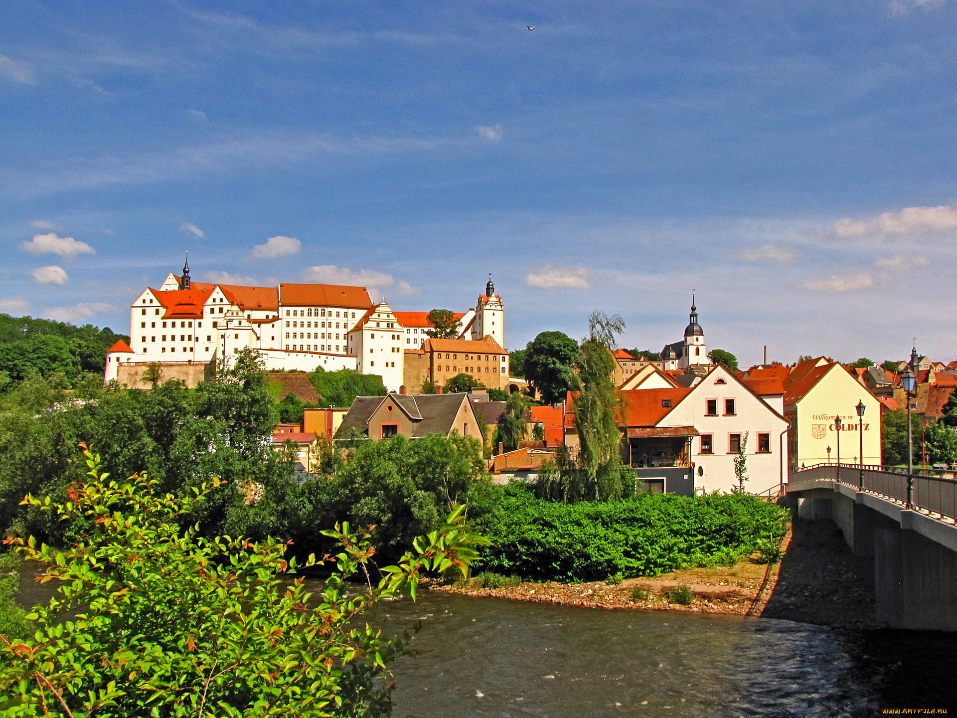 германия, кольдиц, города, улицы, площади, набережные, река, дома, мост