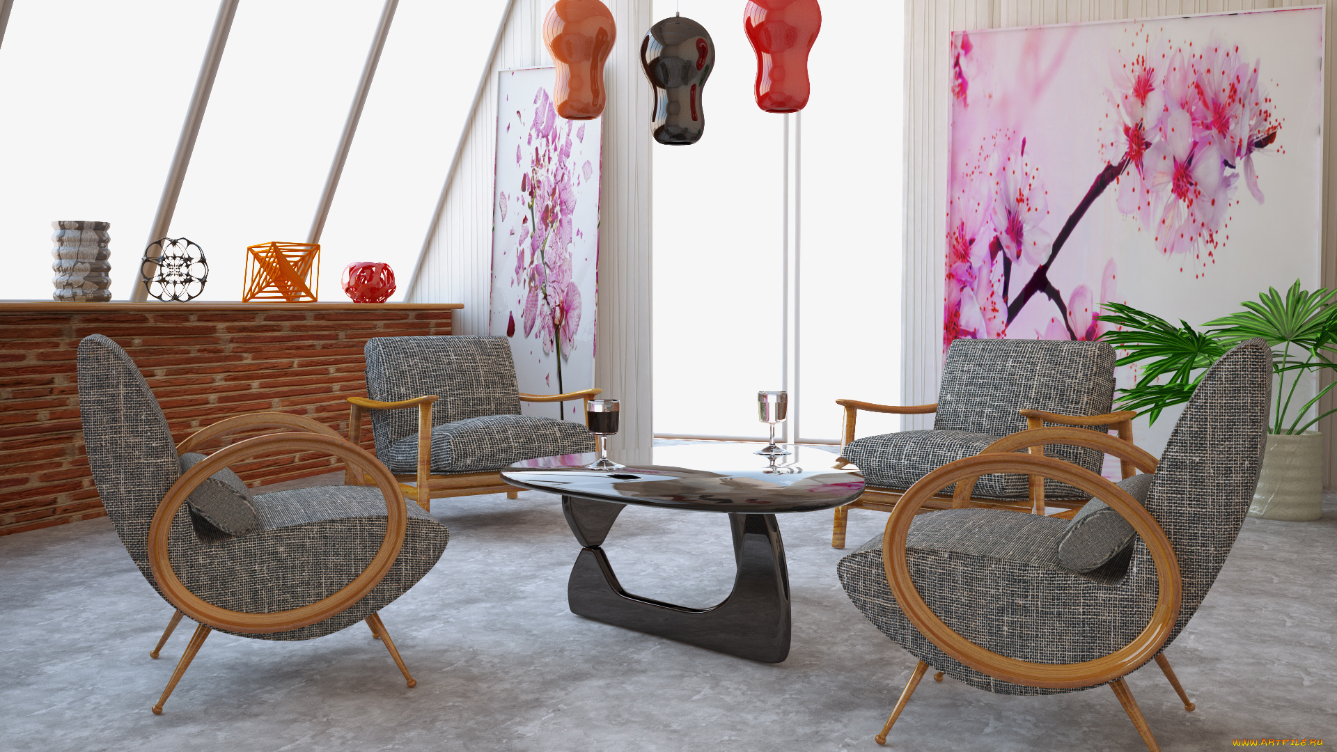 3д, графика, realism, реализм, стол, стулья, картина, растение
