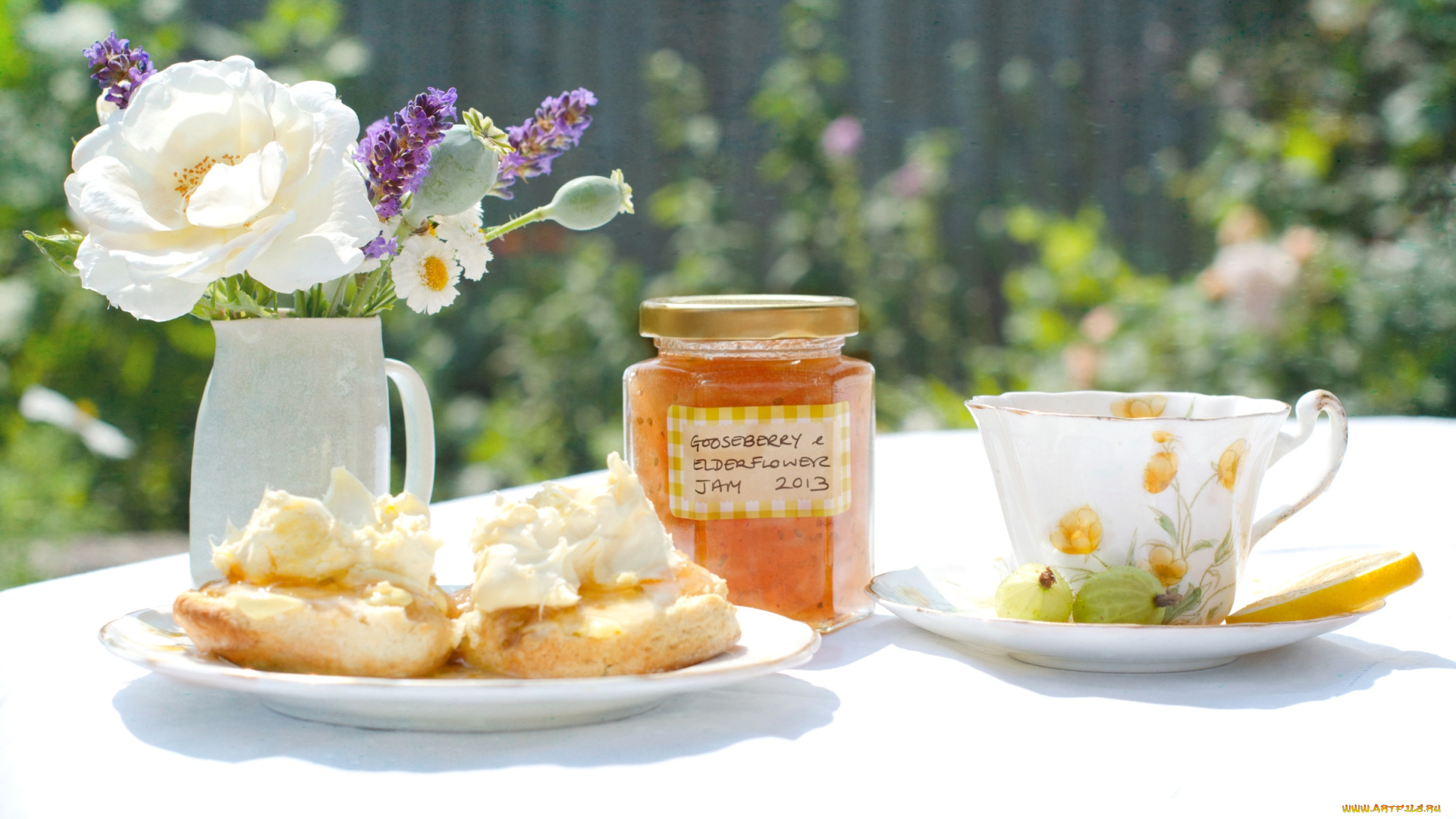 еда, натюрморт, букет, пирожное, настроение, джем, чашка, крыжовник