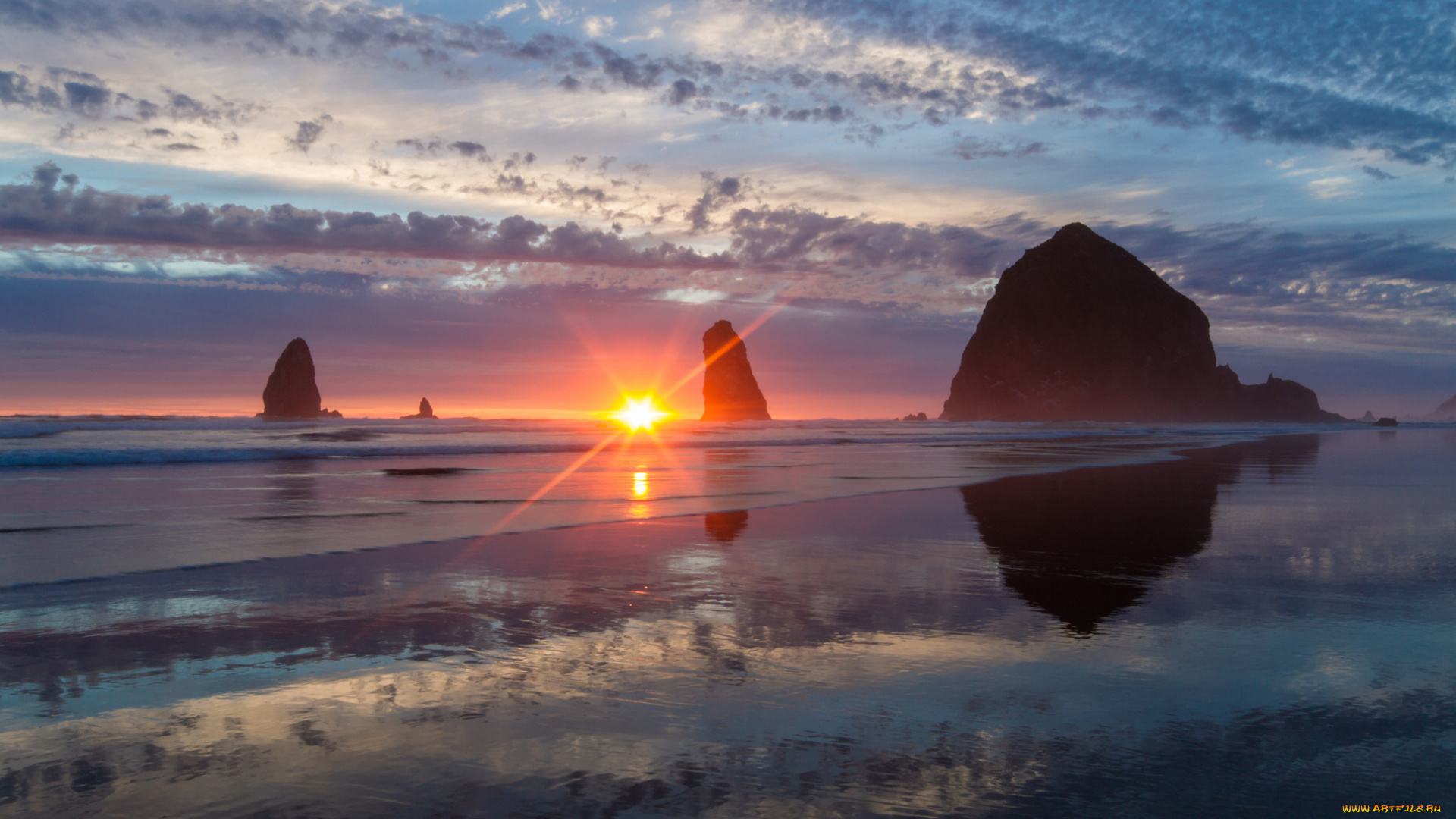 haystack, rock, cannon, beach, oregon, природа, восходы, закаты, pacific, ocean, тихий, океан, орегон, скалы, закат, побережье