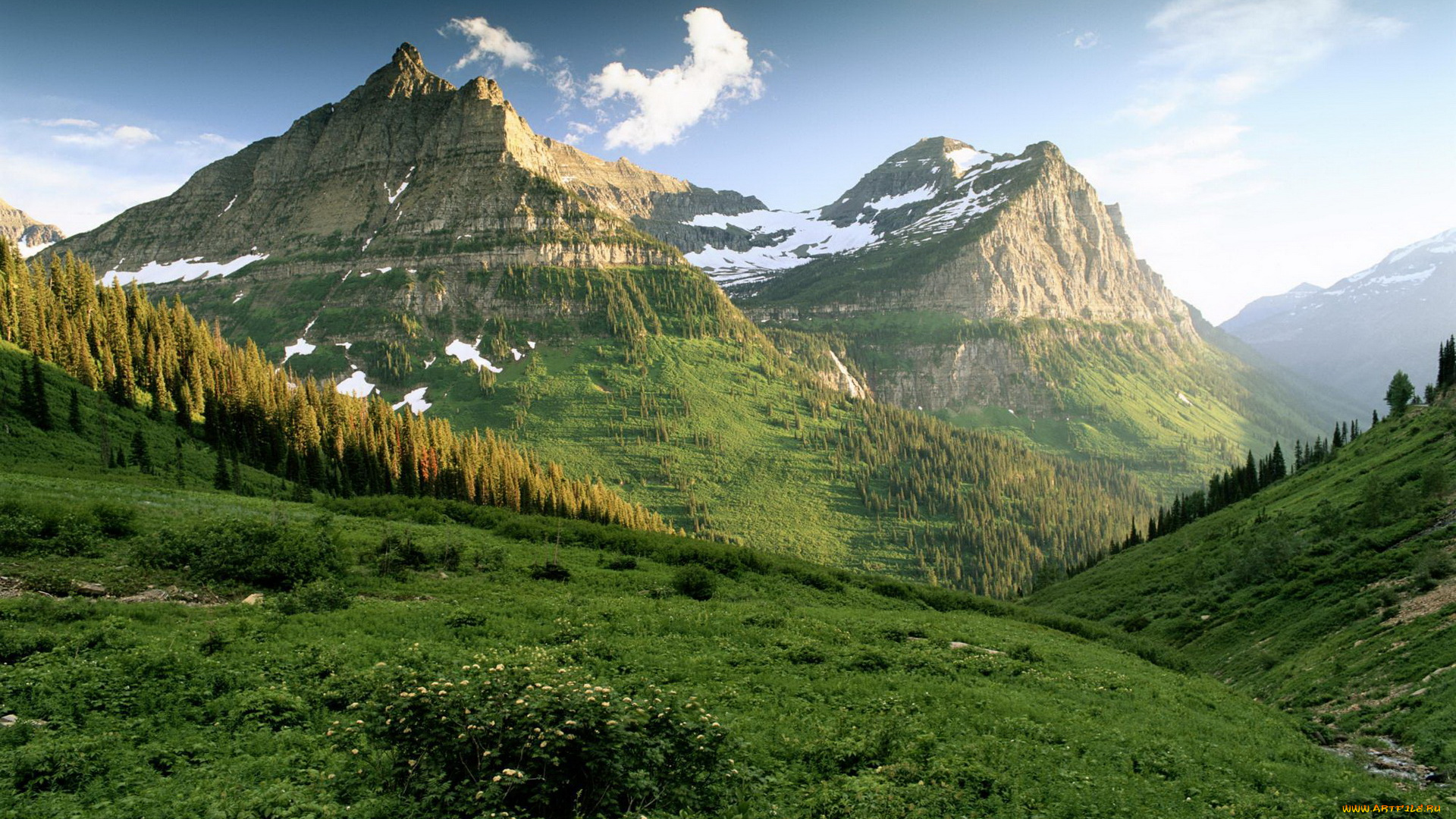 природа, горы, пики, долина, леса, луга